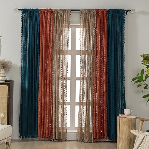 Combinación de cortinas de ganchillo de color Clash - cortinas azules y naranjas 59 x 84 pulgadas, total 4 paneles (2 paneles naranja quemado, 2