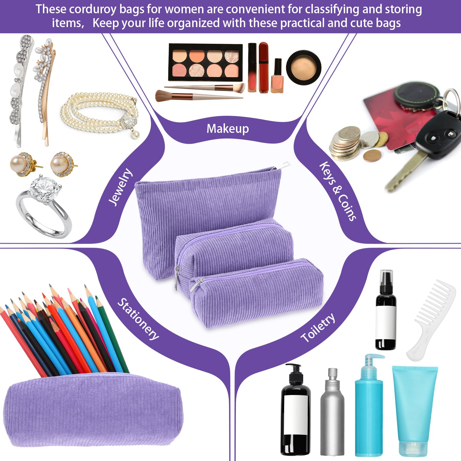 Huhumy Make-up-Taschen-Set für Damen, Kord, Kosmetiktasche, ästhetisches Lächeln, Reise-Kulturbeutel, niedliches Portemonnaie, Federmäppchen, Make-up-Pinsel, Aufbewahrungs-Organizer mit Reißverschluss