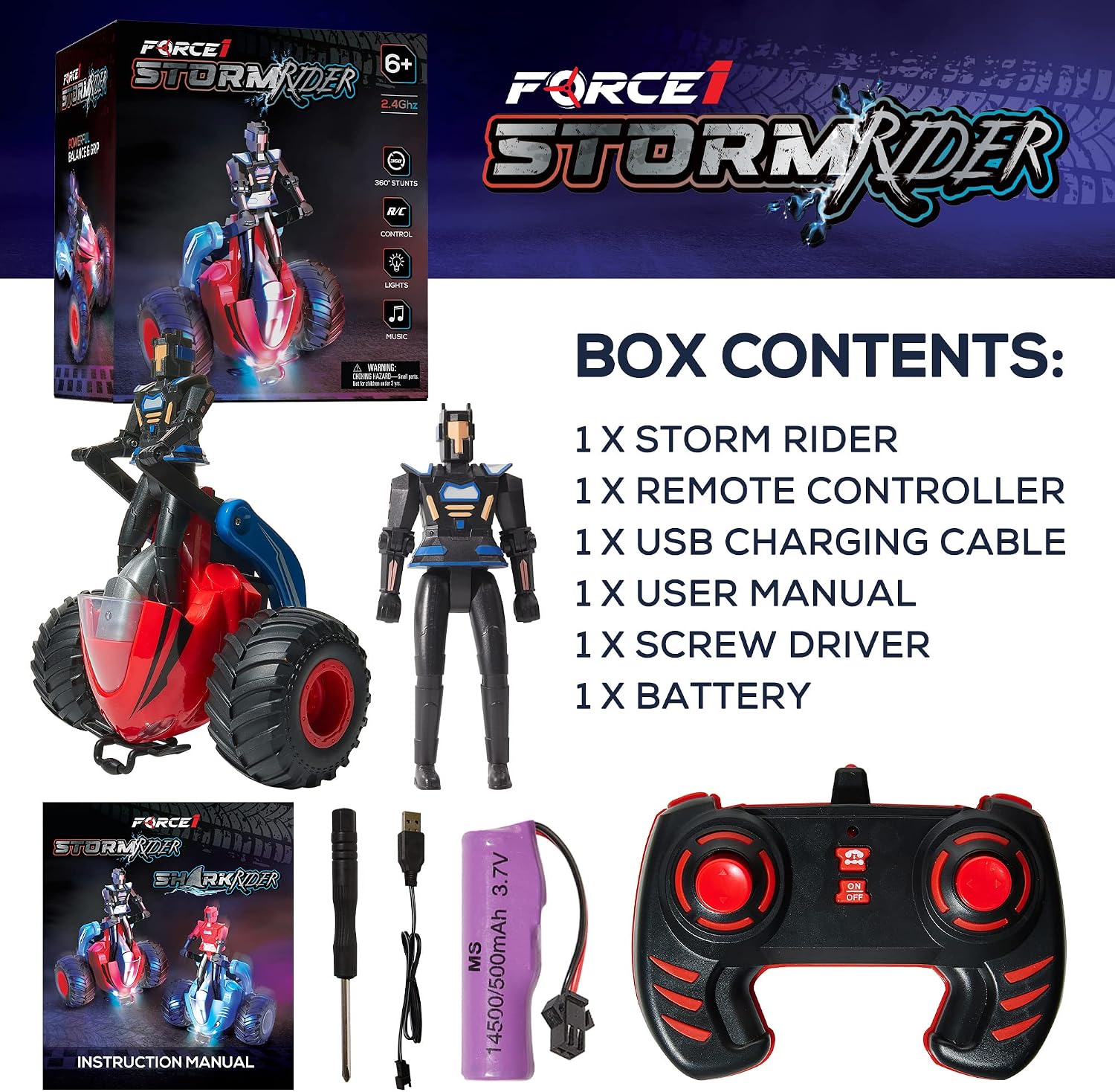 Force1 Storm Rider Remote Control Car for Kids - Rechargeable Fast Off Road RC Car, LED Stunt Toy Car with 360 Spins, Sit Stand Action Figure, Rubber Tires, 2.4 GHz Easy Remote Indoor Outdoor Kid Car