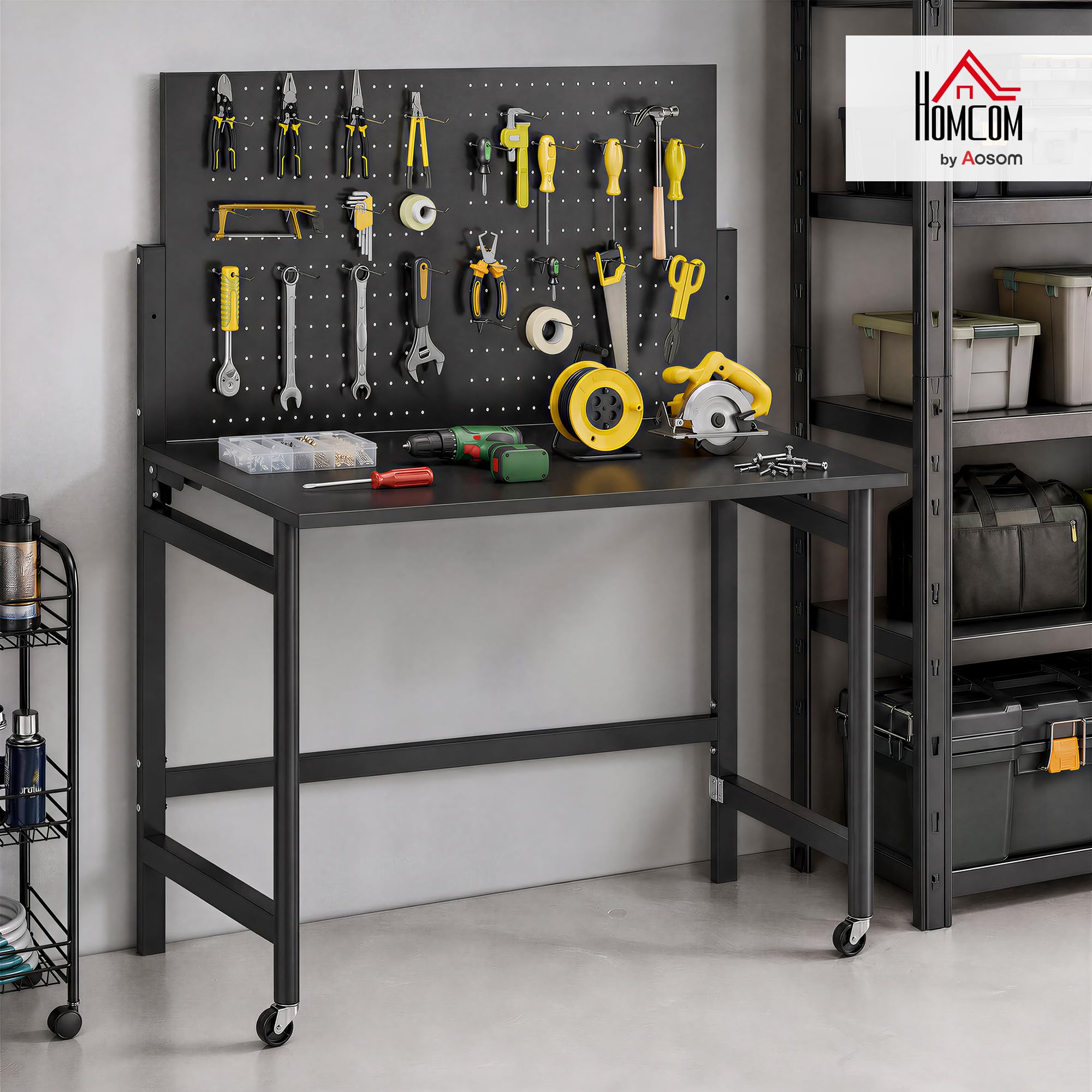 HOMCOM Banco da Lavoro Pieghevole 9cm, Tavolo da Lavoro con Pannello Forato e 30 Ganci, Ruote, 115x62x143.5cm, Piano Spesso in Legno, Struttura in Acciaio, Garage, Officina e Casa, Portata 120kg, Nero