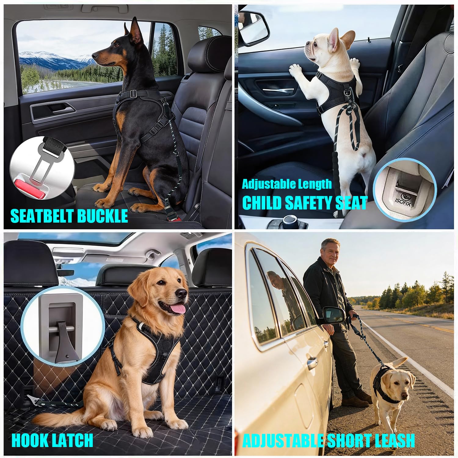 Heavy Duty Dog Seat Belt for Car, 3-in-1 No-Pull Safety Leash with Reflective Climbing Rope & Padded Handle, Adjustable Restraint for Vehicle Travel & Walking Large Medium Dogs, Black - image 2