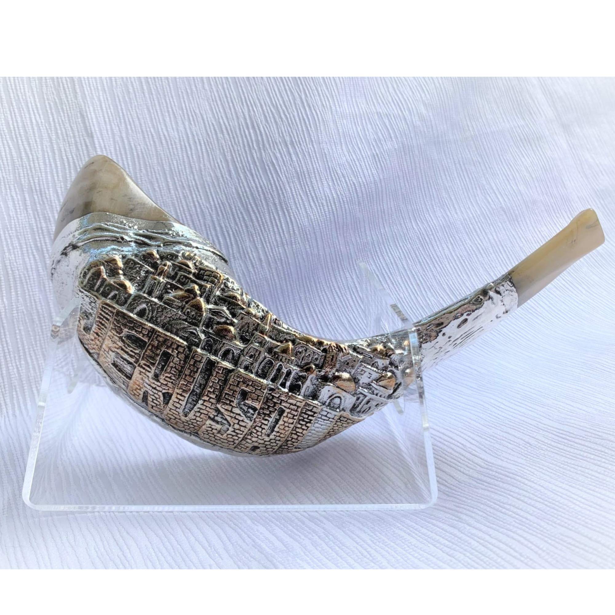 Jerusalén Old City chapado en plata cuerno de carnero shofar de 35,5 a 40,6 cm kosher Free Stand