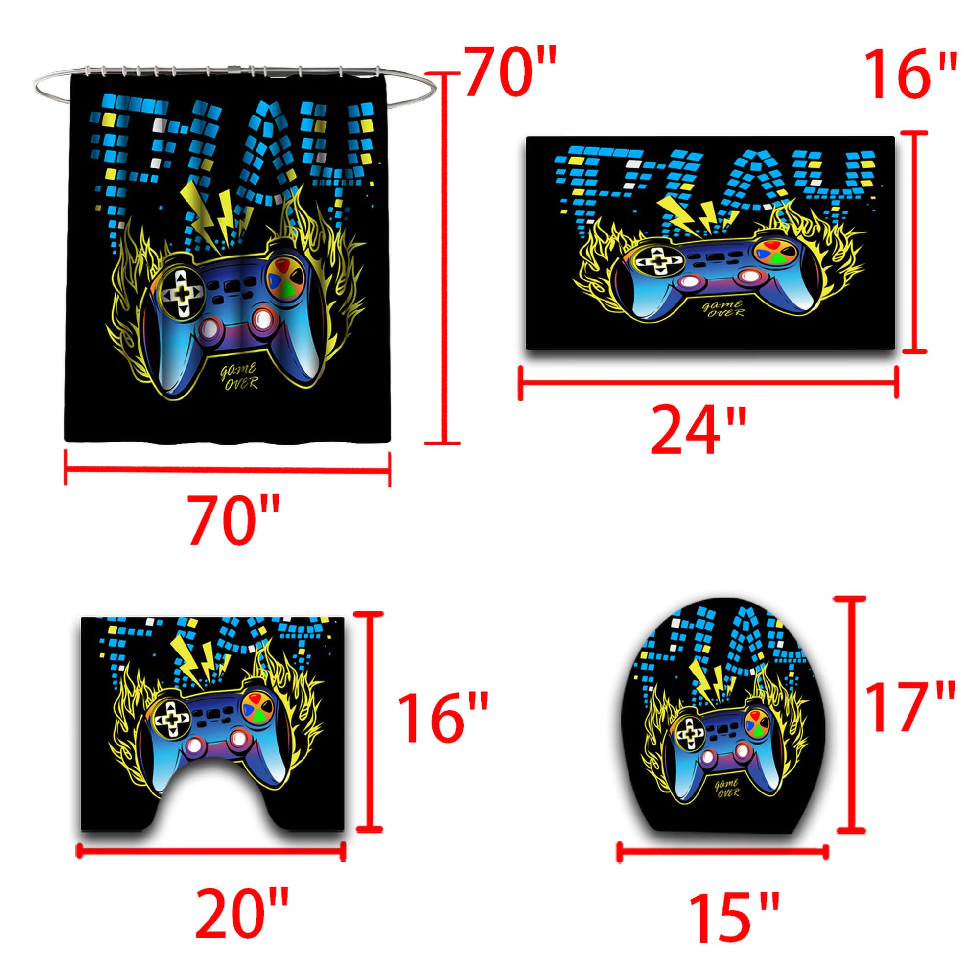 4 Pcs Gaming Shower Curtain Set for Bathroom, Boys Gamer Bath Curtain for Kids Teens, Gamepad Controller Curtains with Rugs Bathroom Decor, Video Games Curtain Waterproof Fabric with Hooks 3