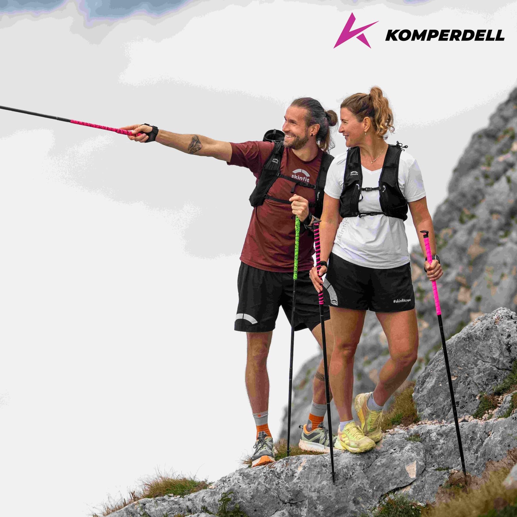Komperdell FXP Carbon Ultra - Bastone pieghevole da trekking, 45 cm, colore verde e rosa, misura 125 cm, ultraleggero