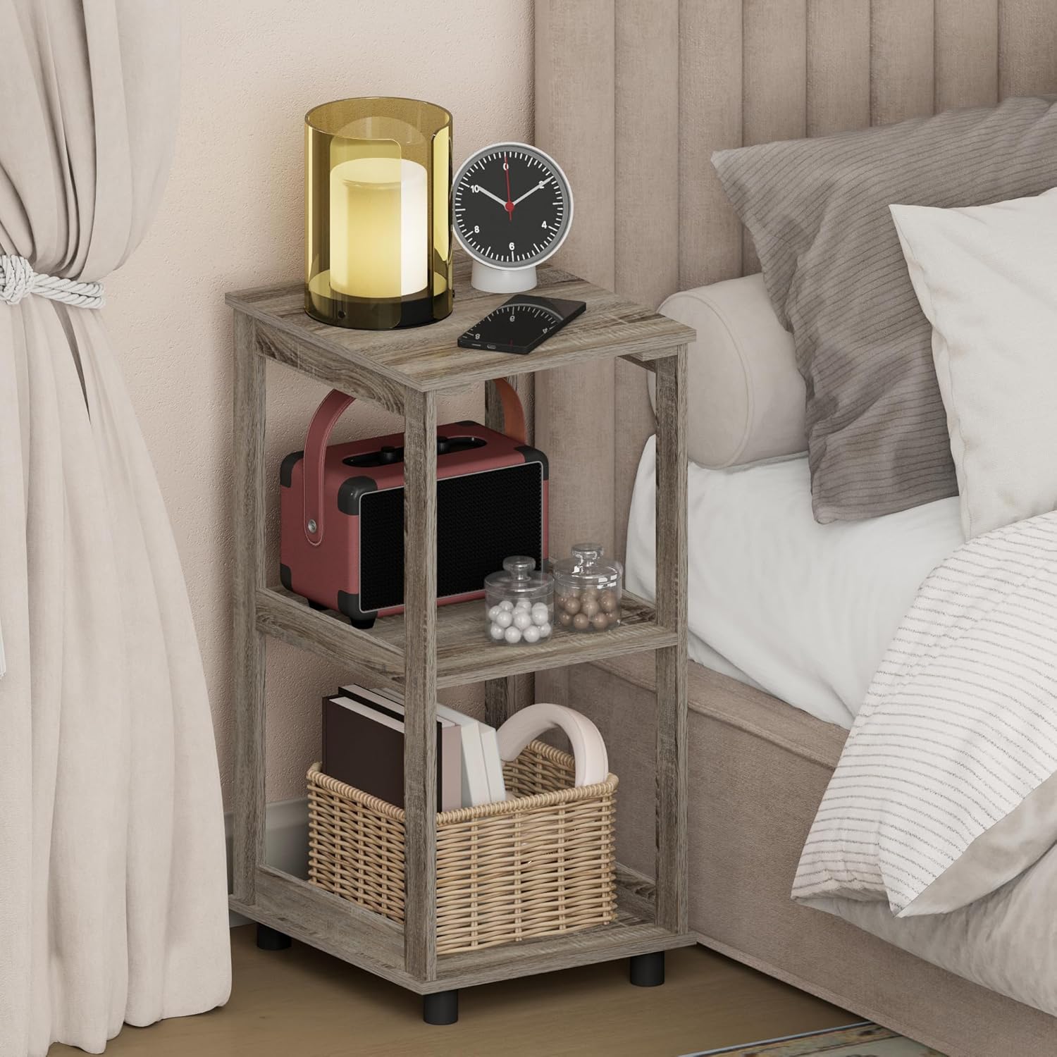 Furinno Romain Nightstand, 2-Tier Tall Night Stand with Open Shelf, Open Frame Bedside Table, End Table, Side Table, Easy Assembly, for Bedroom, Closet, Dorm, French Oak