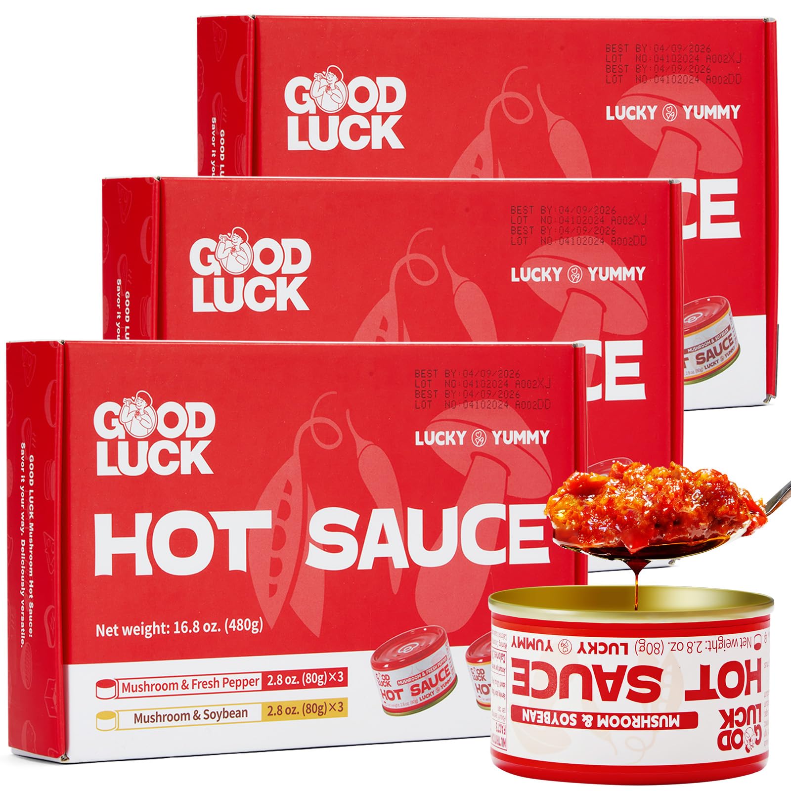 GOOD LUCK Mushroom Hot Sauce, Spicy Chili Oil and Chili Paste with High-Grade Instant Mushroom Sauce, Chopped Chili Sauce,resh Pepper,Soybean,Garlic, 18 Cans,2 Flavors
