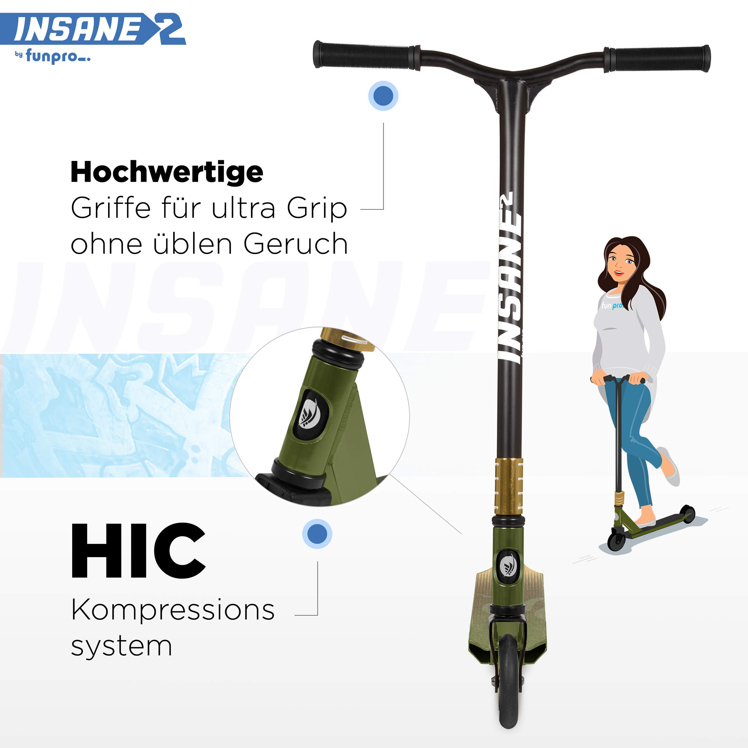 Fun Pro Trottinette Insane2, Freestyle avec Roulements ABEC 9, Grip, Roues Aluminium 110 mm, Pour Enfants et Adultes, jusqu'à 100 kg, Jungle