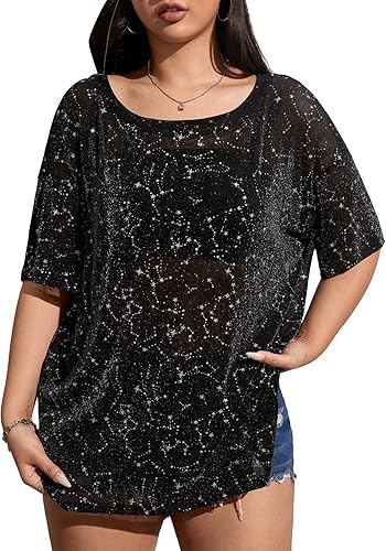 WDIRARA Camiseta de manga corta con estampado de estrellas para mujer, talla grande, cuello redondo y purpurina