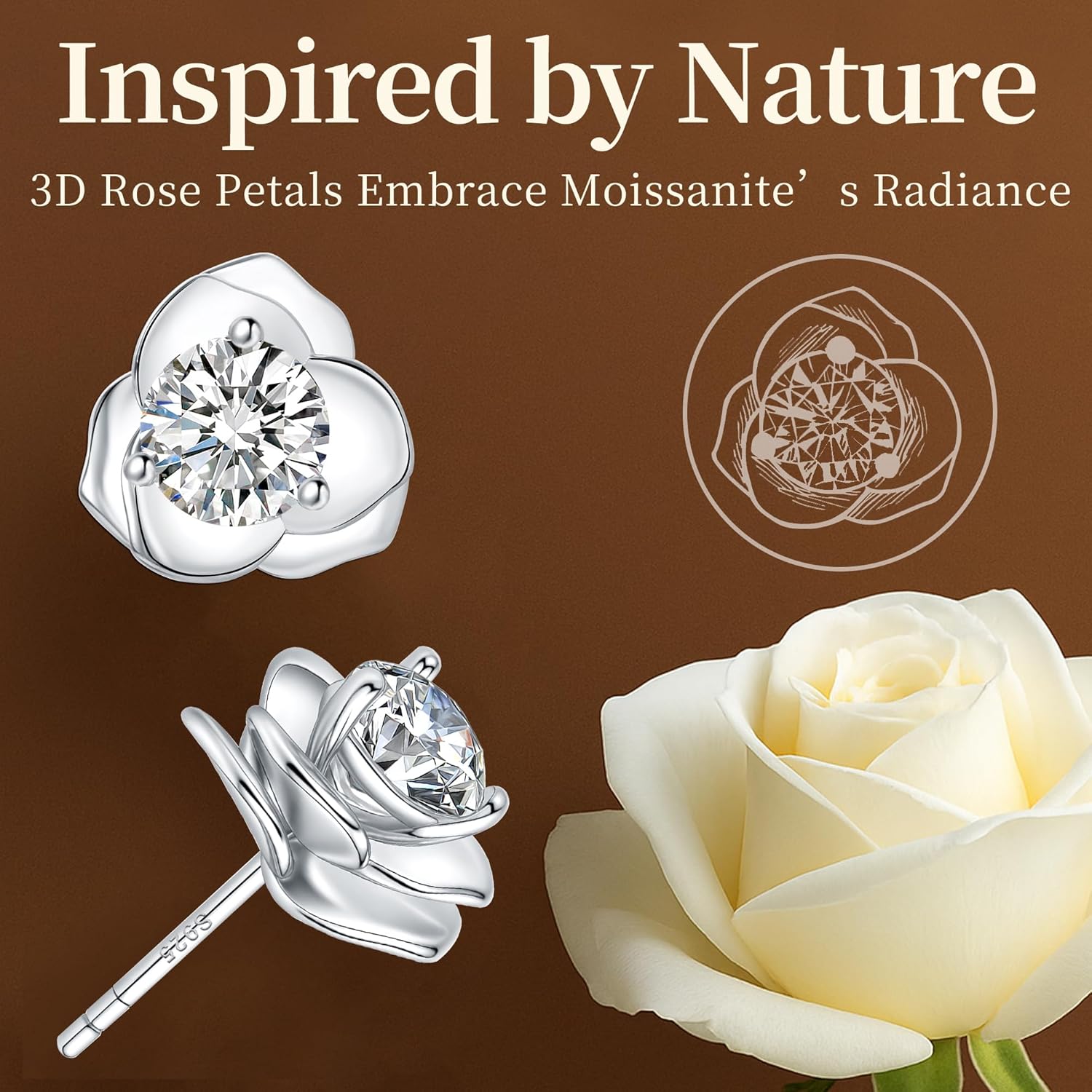 Impalsory Moissanite Rose Stud Earrings, 18K Gold Plated Sterling Silver, Hypoallergenic Floral Jewelry for Women