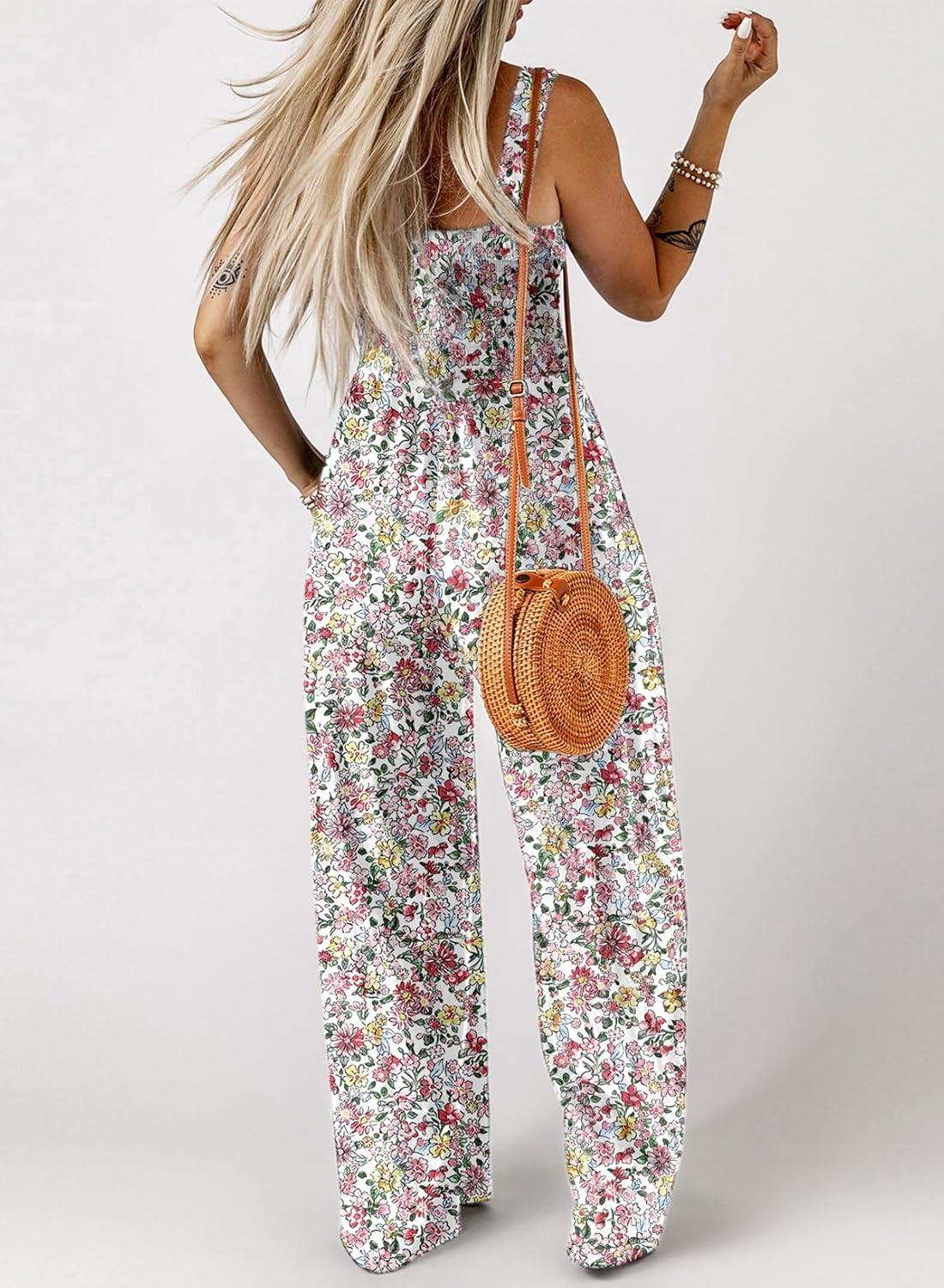 Happy Sailed Overalls for Women Floral Print Sleeveless Jumpsuit One Piece Jumpsuits Wide Leg Long Pant Rompers Boho Casual Summer Outfits Light Pink Small - Image 3