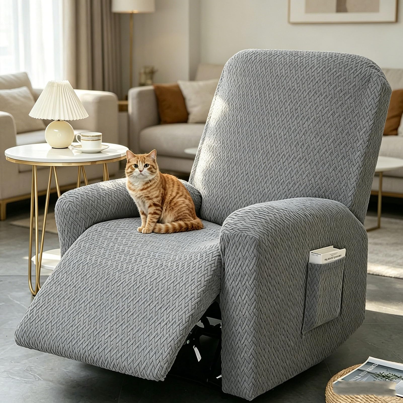 AHSBND Recliner Chair Cover Waterproof: 4pcs Stretch Armchair Covers Anti Slip with Pocket Furniture Protector Sofa Slipcover for Kids Pets Living Room (light gray)