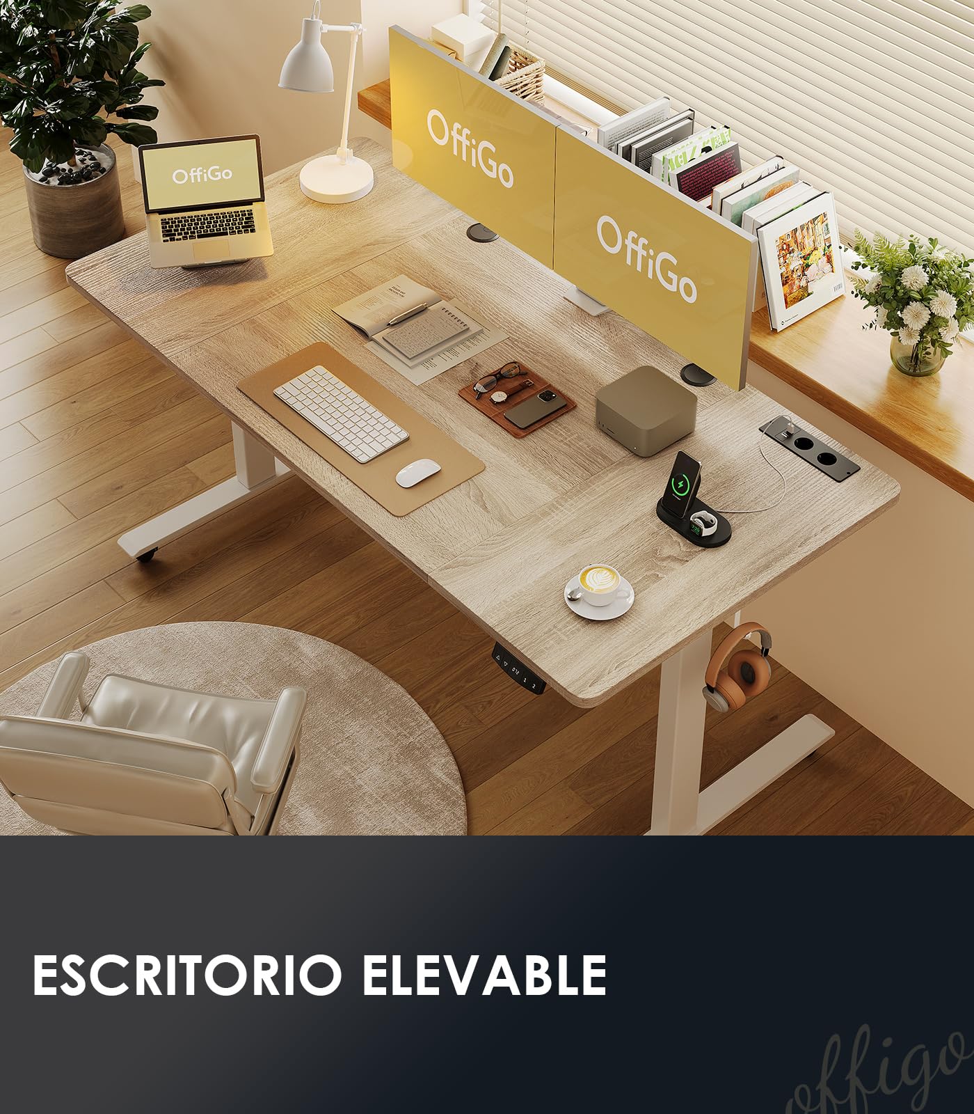 OffiGo Escritorio Elevable, 160x80cm Mesa Elevable Escritorio con Enchufes y Carga USB, Mesa Regulable Altura con 2 Memorias, Standing Desk para Oficina, Casa, Juegos, Beige