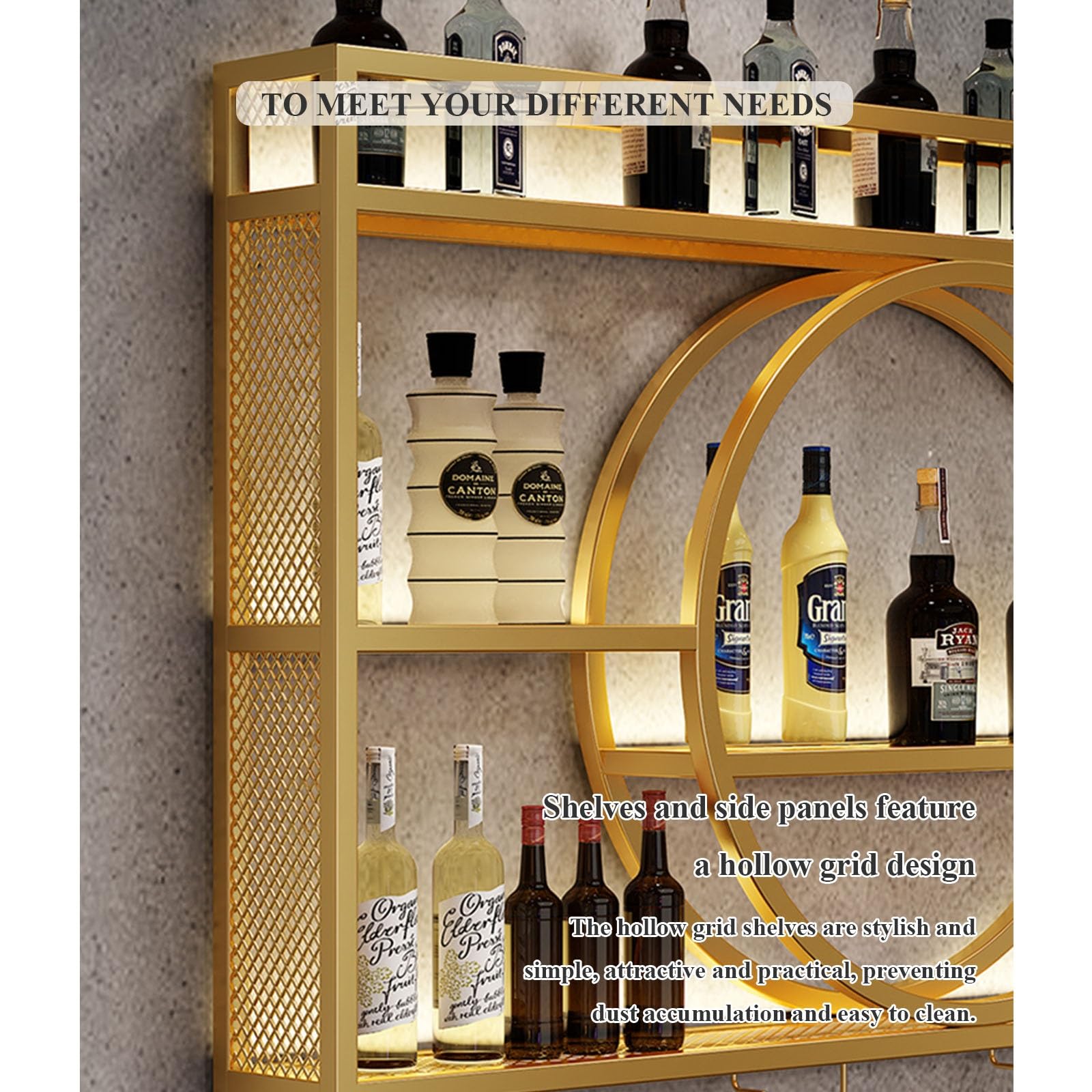 Smart Home, portabottiglie da Parete in Metallo con Luce LED - Mensola per Vino in Ferro con portabicchieri per Bottiglie di liquore - Eleganti mensol
