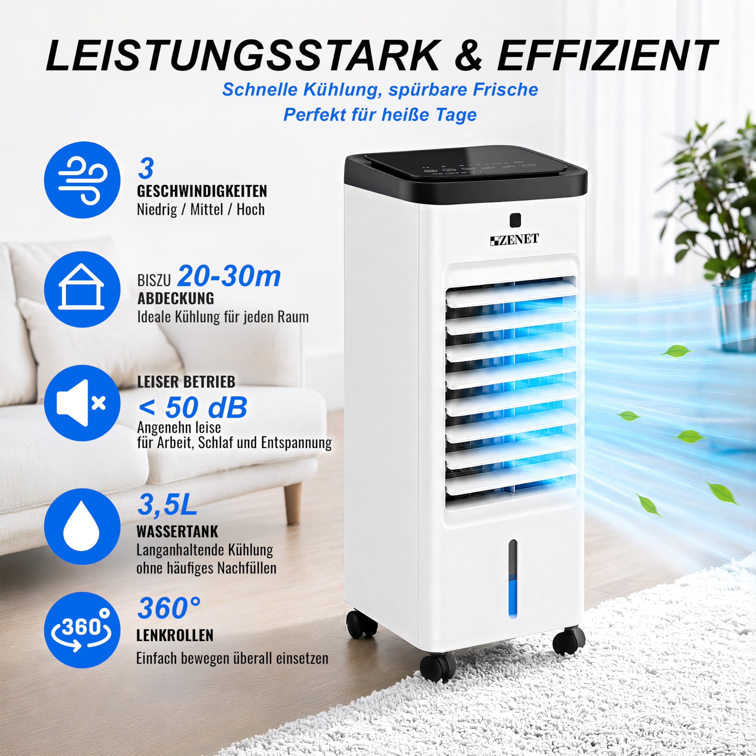 ZENET Luftkühler & Klimaanlage Mobil ohne Abluftschlauch 4-in-1 (3.5L, 65W) | Tragbare Ventilator mit Wasserkühlung, Luftbefeuchter, Luftreiniger für Zuhause, Zimmer, Büro, Timer, Fernbedienung