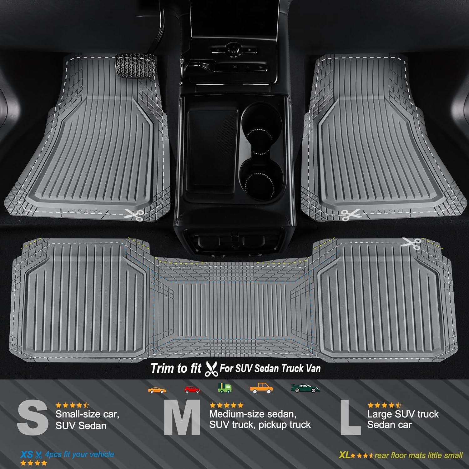 CAR PASS Heavy Duty Rubber Floor Mats for Car, Waterproof Liner Deep Dish Car Mats Full Sets, Universal Trim to Fit for SUV Truck Sedans Vans, All Weather Automotive Floor Mats 3pcs, Solid Gray - Image 2