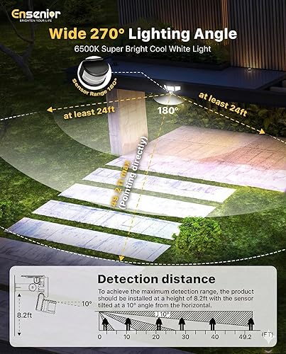 Miniatura 4 de Ensenior - Luces solares de movimiento para exteriores, 228 luces LED de seguridad solar con control remoto, IP65 impermeable, 3 cabezales de luz de