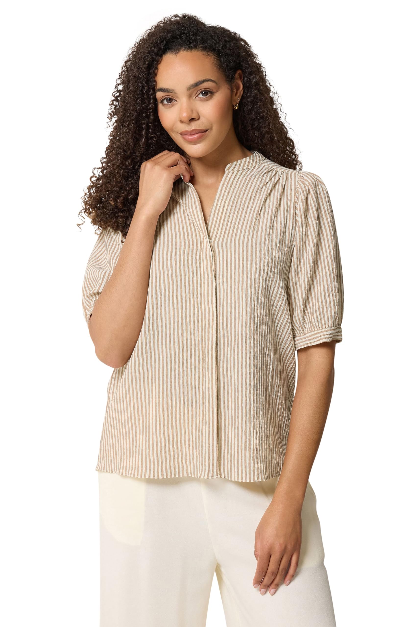M&Co Brown Stripe Textured Puff Sleeve Shirt - Women's