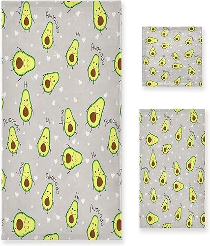Miniatura 1 de Bhaisajyaguru Juego de 3 toallas de baño con diseño de aguacate de caricaturas, 1 toalla de baño + 1 toalla de mano + 1 toalla de baño absorbente