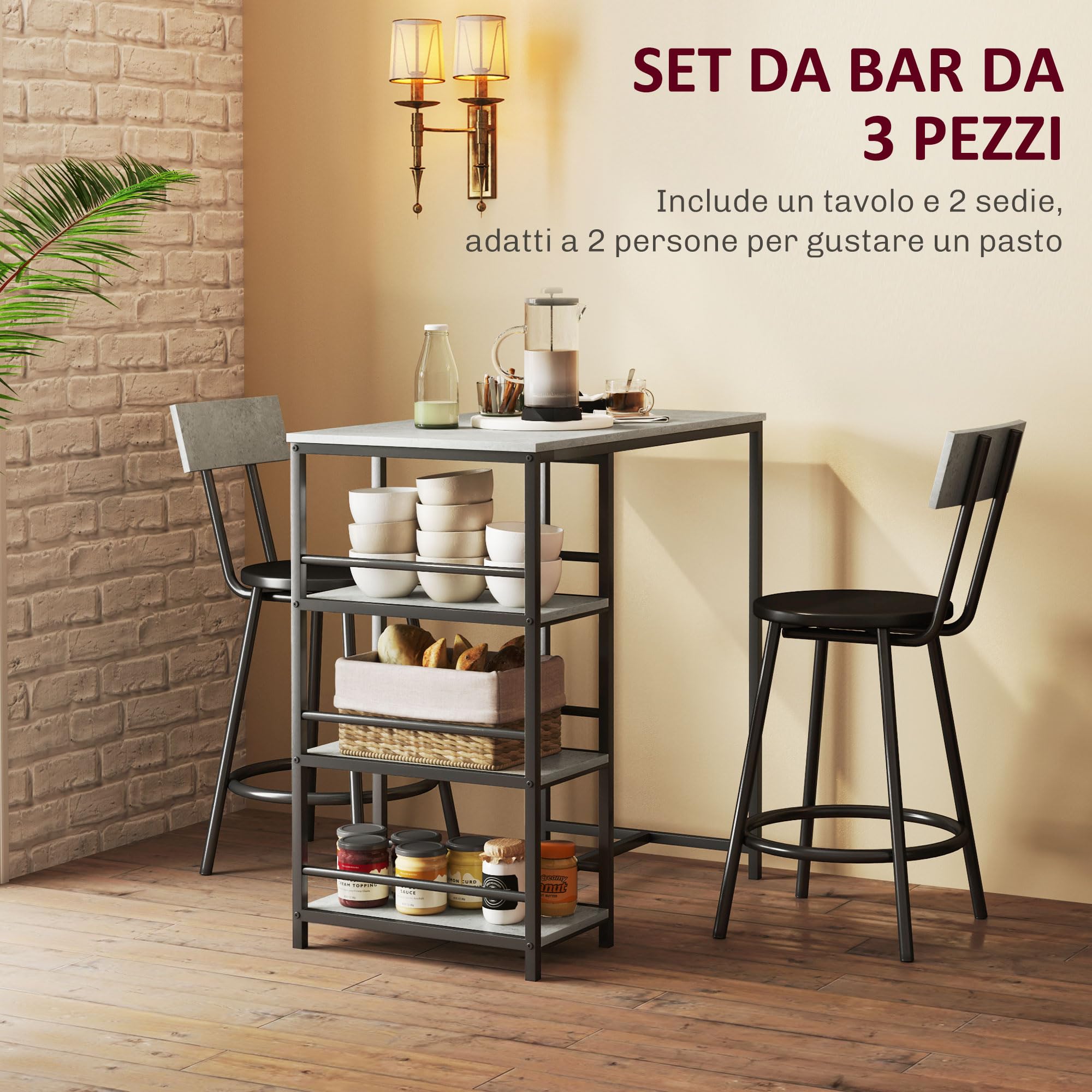 HOMCOM Set Tavolo Bar con 2 Sgabelli, Bancone Bar con 3 Ripiani, Tavolo Alto con Sgabelli Bar con Schienale, Tavolino Bar per Pranzo, Soggiorno e Cucina, Grigio Chiaro