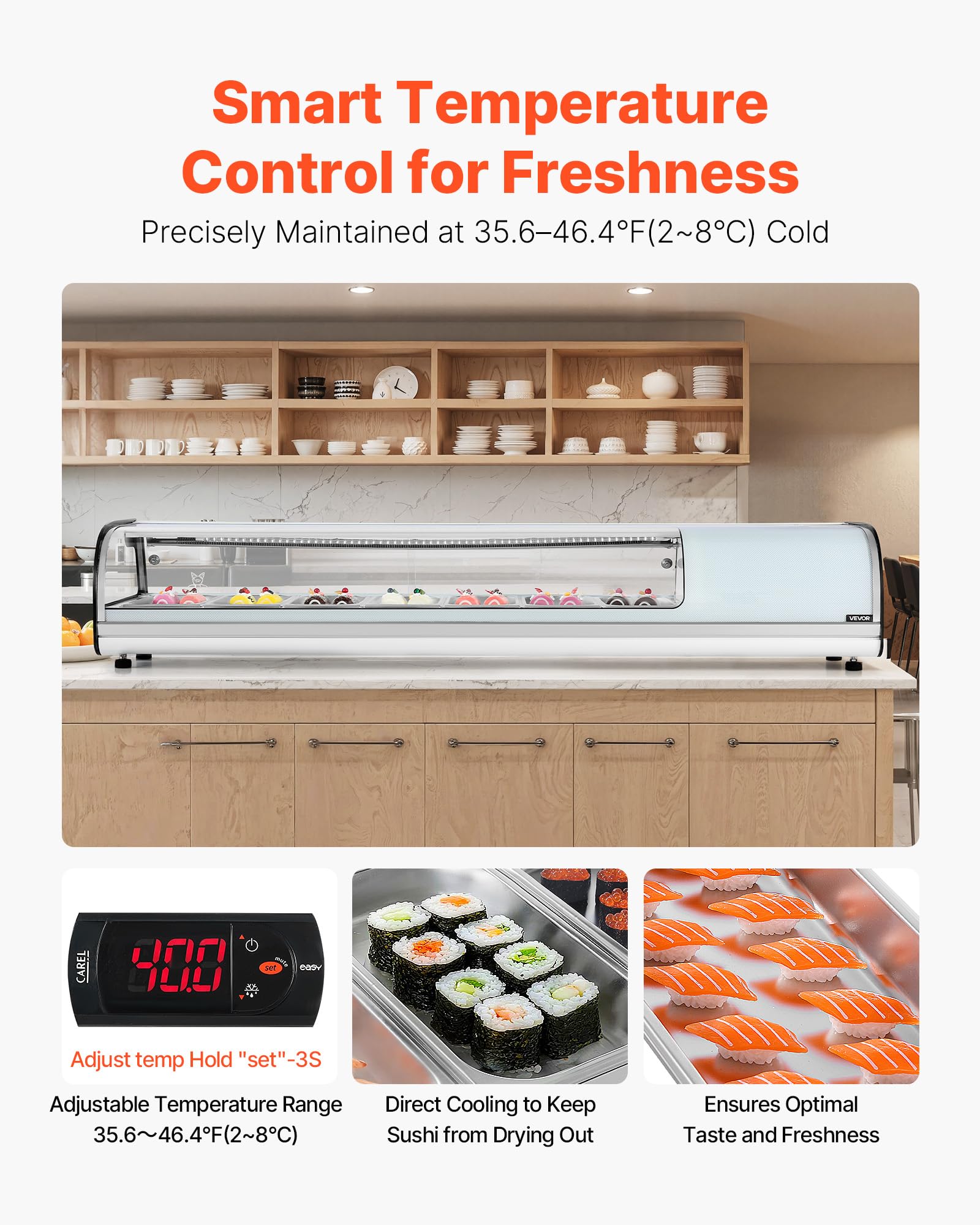 VEVOR Vetrina Refrigerata per Sushi Commerciale da 72 L, 7 Teglie con Vetro Curvo, Illuminazione a LED e Controllo Digitale della Temperatura, Frigorifero per Bancone Ristorante Negozio