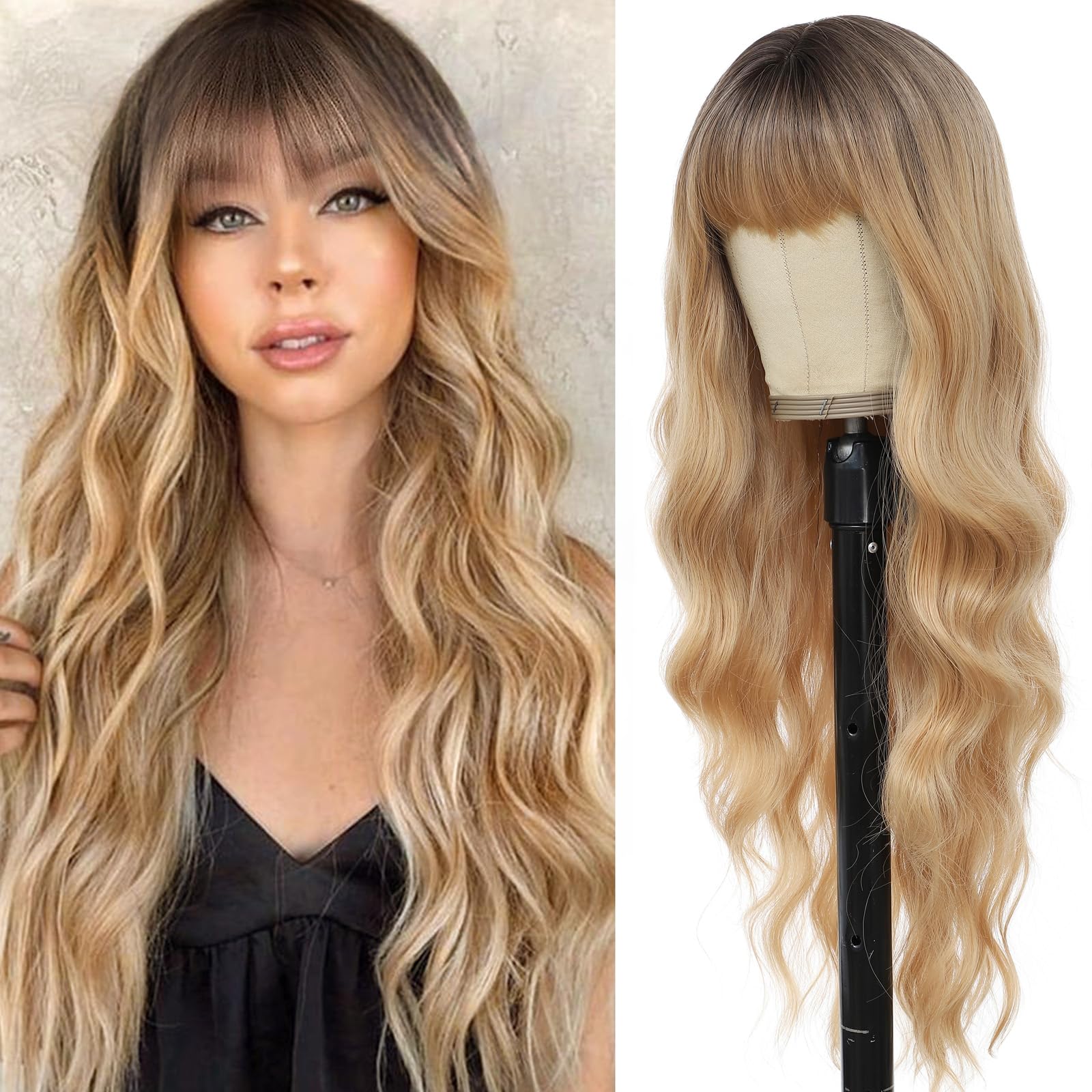 MINSEEYOO Dark Blonde Wig with Bangs for Women Long Wavy Wigs 26 Inch Blonde Wigs Natural Looking Heat Resistant Synthetic Wig for Daily Party Use