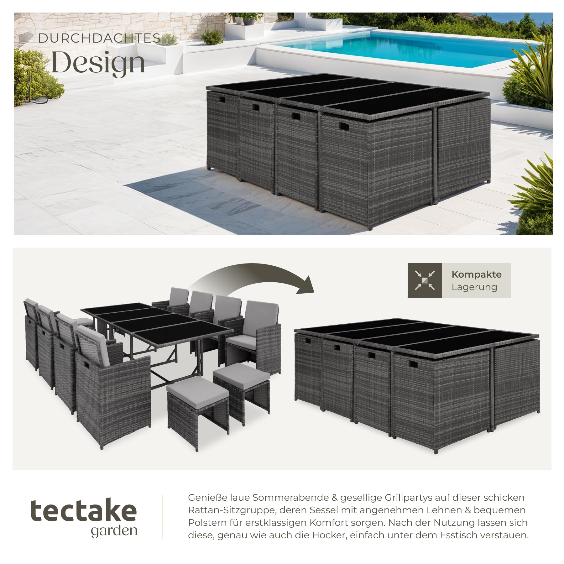 tectake Gartenlounge Set, Polyrattan Gartenmöbel Set, 8+4+1 Sitzgruppe, 8 Stühle 4 Hocker 1 Tisch, Balkon Möbel als Würfel verstaubar, für Garten, Balkon, Terrasse - grau/hellgrau