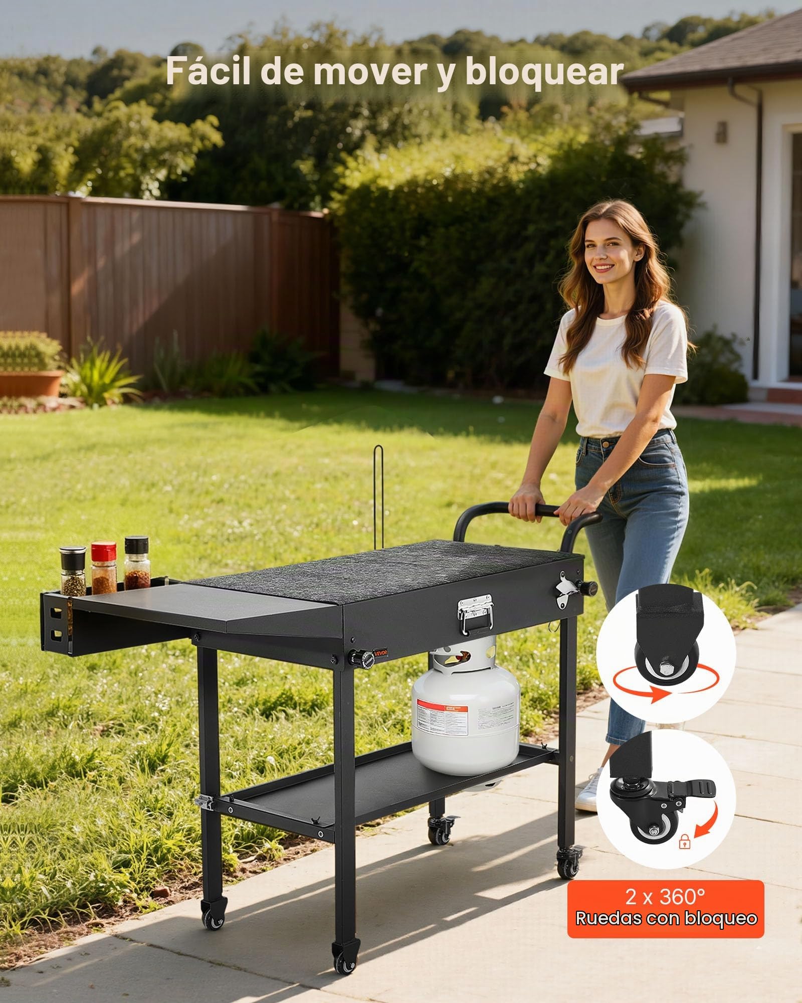 VEVOR Carro de Barbacoa Plegable 787 x 432 mm, Mesa de Barbacoa para Exteriores con Ruedas y Estante, Carrito con Soporte para Pañuelos y Ganchos, Mesa Auxiliar para Jardín, Picnic, Cocina, Patio