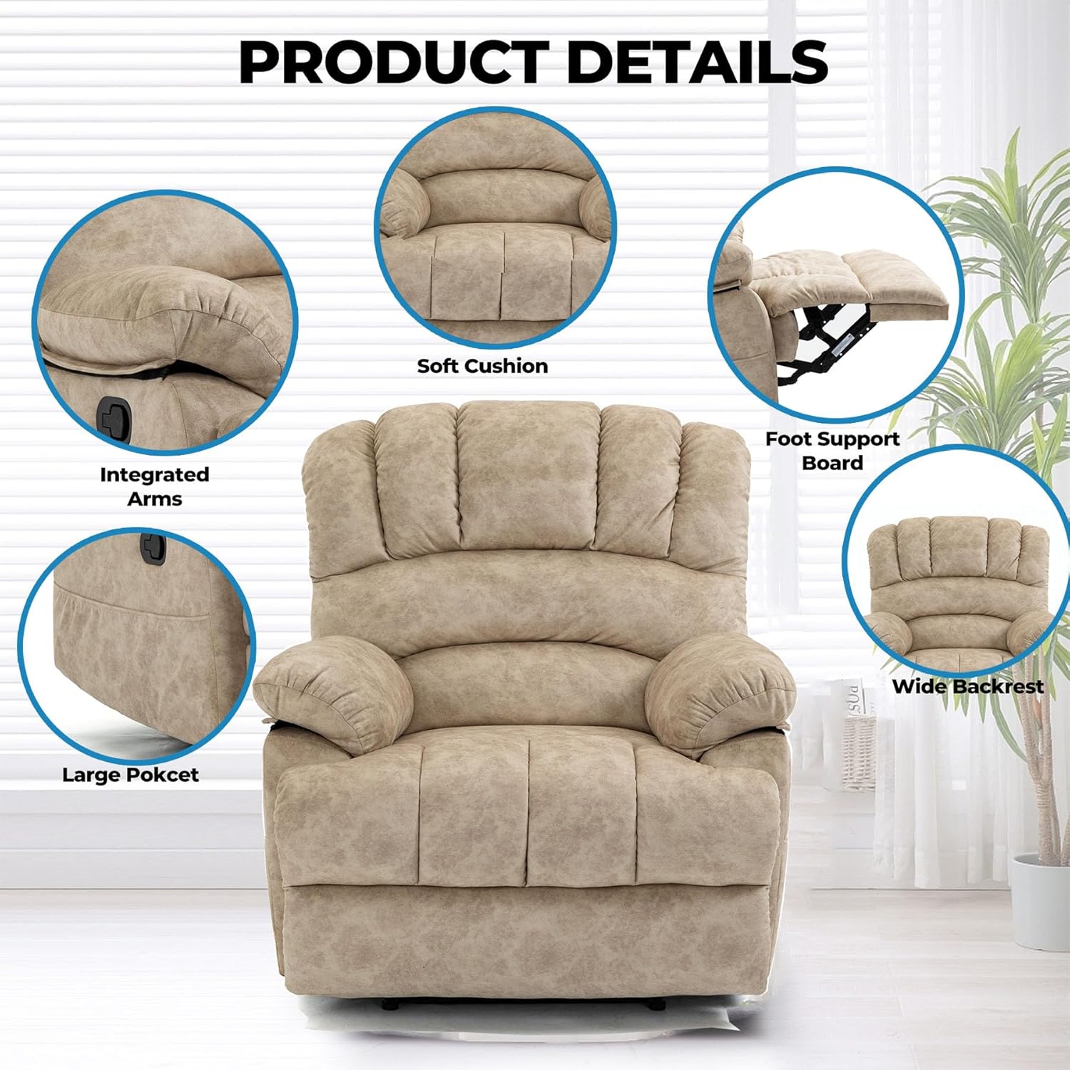 Massage Chair Recliner with Heat&Lazy Boy Recliner Chair for Adults,Swivel Rocker Recliner Chair with USB,Adjustable Backrest,Footrest,2 Pockets,Oversized,Manual,Heavy Duty (Beige)