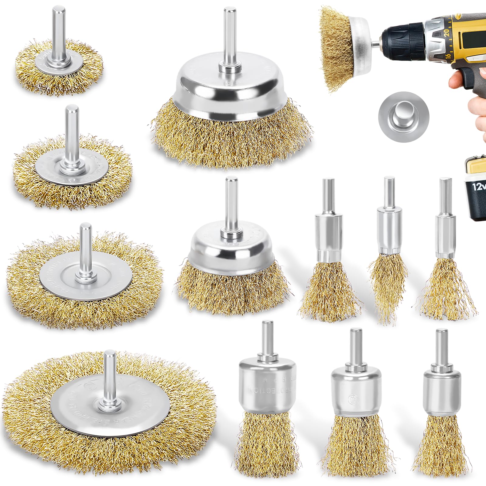 DazSpirit 12-teiliges Drahtbürste Set für Bohrmaschine – Messingbeschichtete Drahtbürsten & Topfbürsten-Set, 1/4 Zoll-Schaft Drahtbürste Messingbürste zum Entfernen von Rost/Korrosion/Farbe