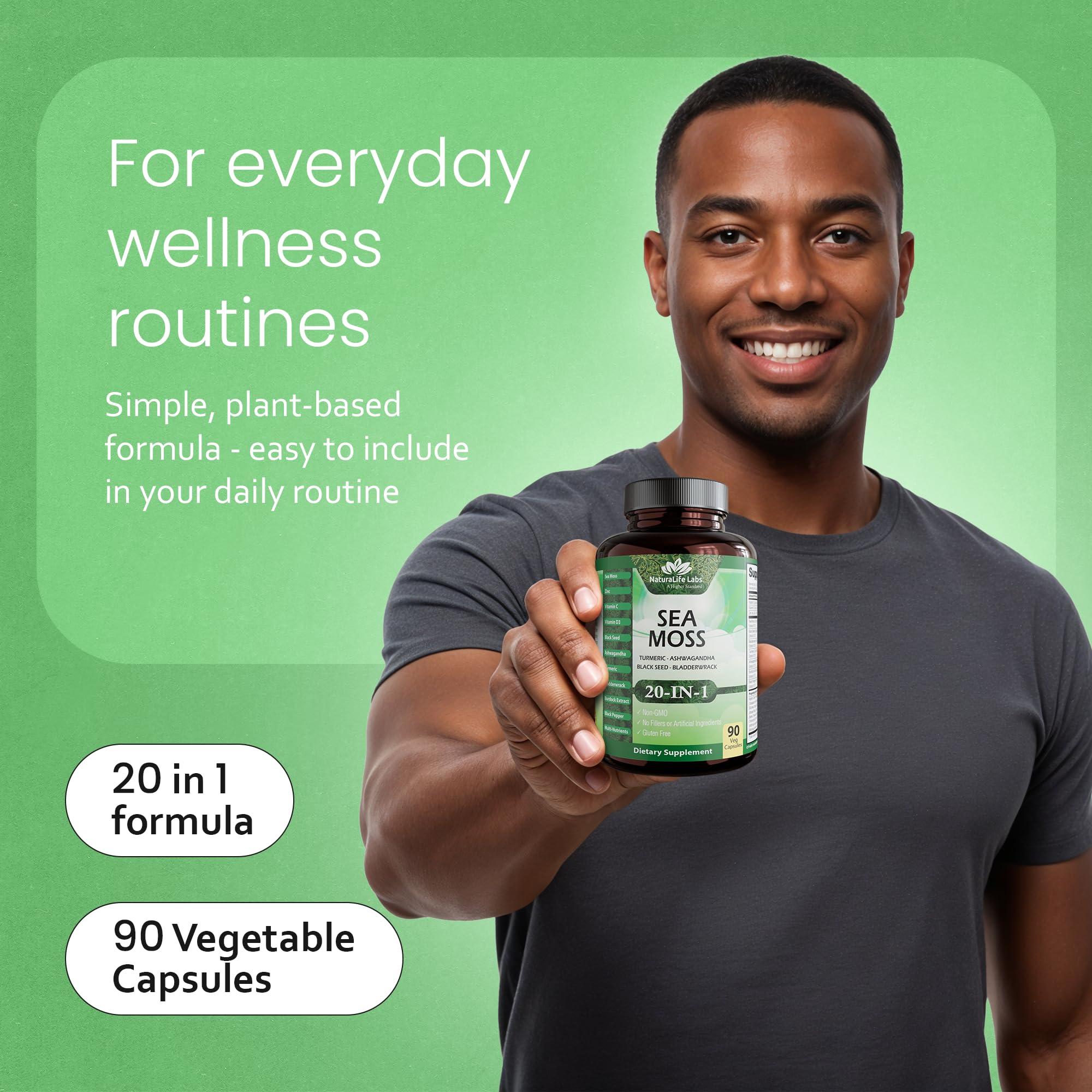 Sea Moss, Black Seed Oil, Bladderwrack, Turmeric, Ashwagandha, Burdock, Vitamin C, D3, Yellow Dock Root, Manuka, Dandelion - 90 Veggie caps