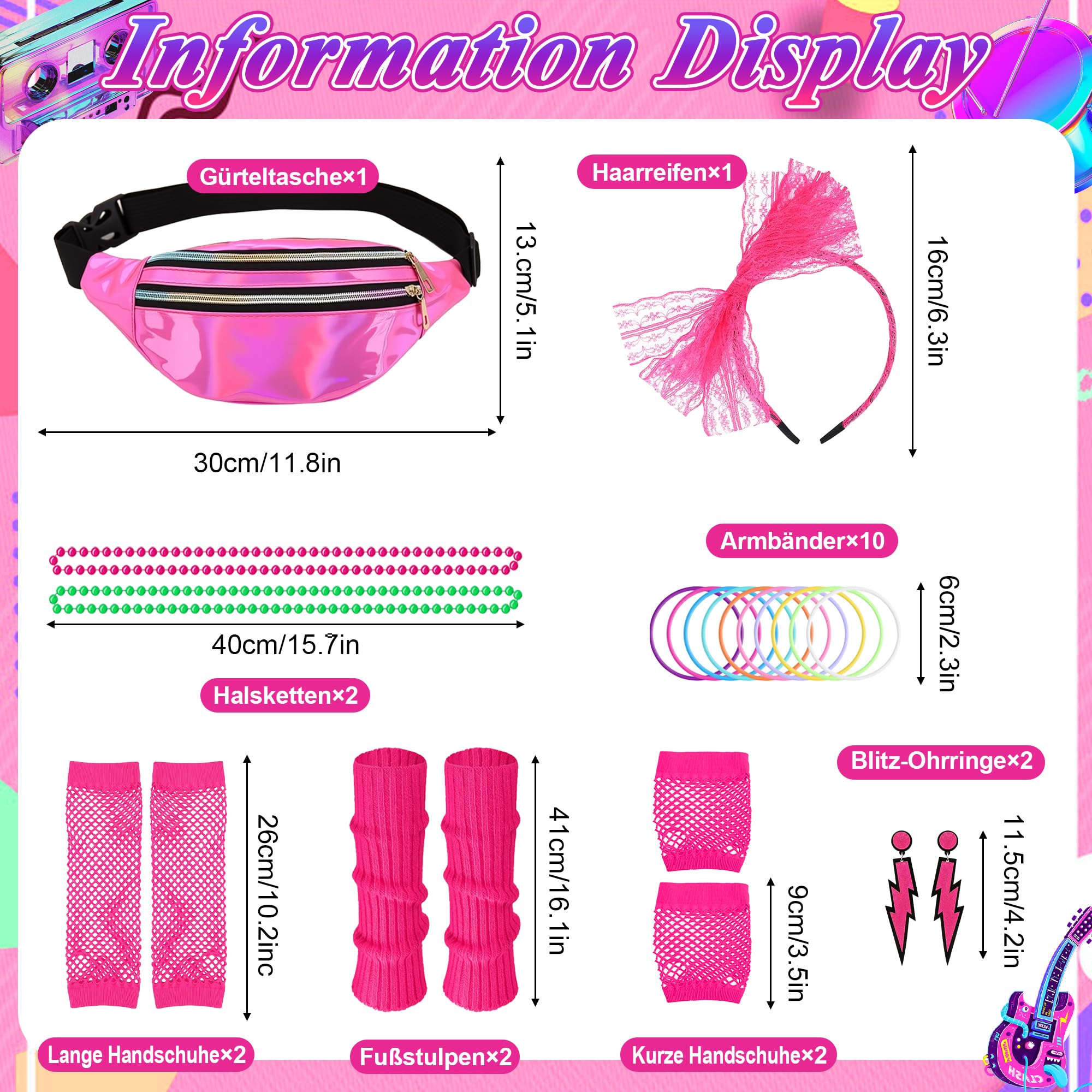 80er Jahre Kostüm Damen Set, 80s Outfit Frauen mit T-Shirt Gürteltasche Beinstulpen Netzhandchuhe Neon Schmuck, 80er Jahre Kleidung für Karneval Fasching Mottoparty Disco