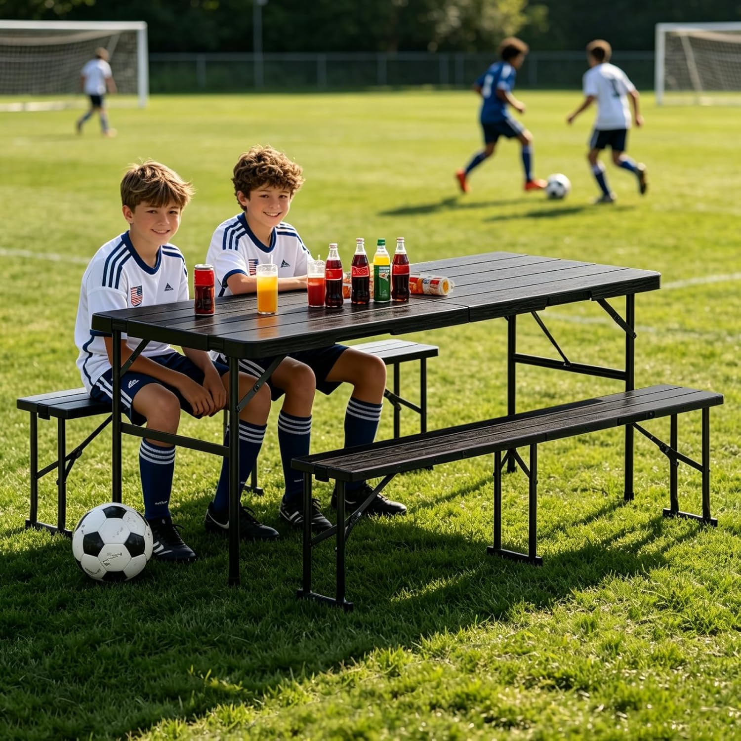 Folding Table with 2 Benches Set, 6FT Picnic Table with 2 Chairs, 3pcs Plastic Camping Tables and Foldable Bench Sets Indoor & Outdoor for Party, Camping, Picnic, Wedding, BBQ, Black