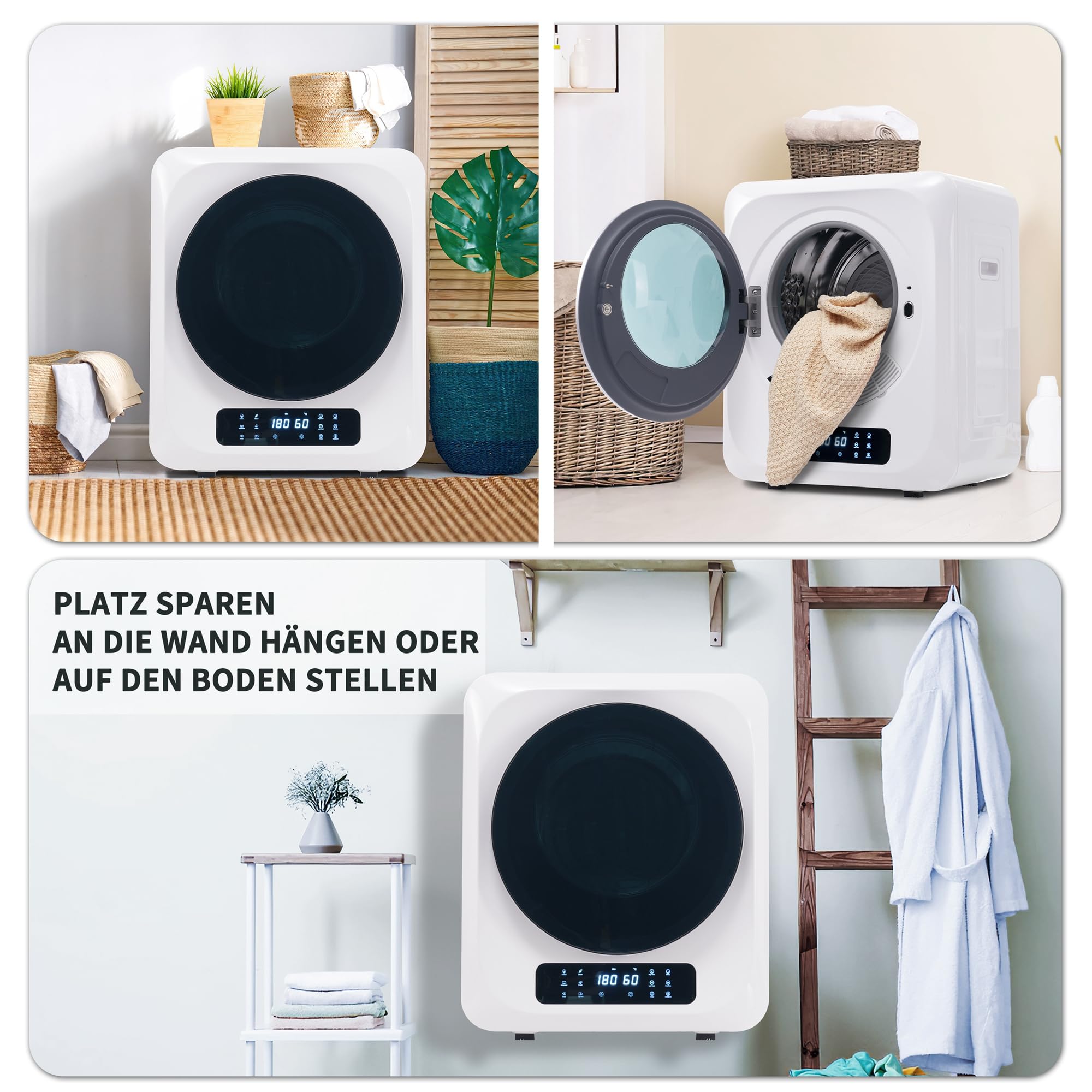 Abgastrockner Wäschetrockner 3kg (4kg), 850W, Edelstahl, 6 Programme, UV-Sterilisation, Mehrfachfilter, Überhitzungsschutz, Wandmontierbar, Energieklasse G, Weiß