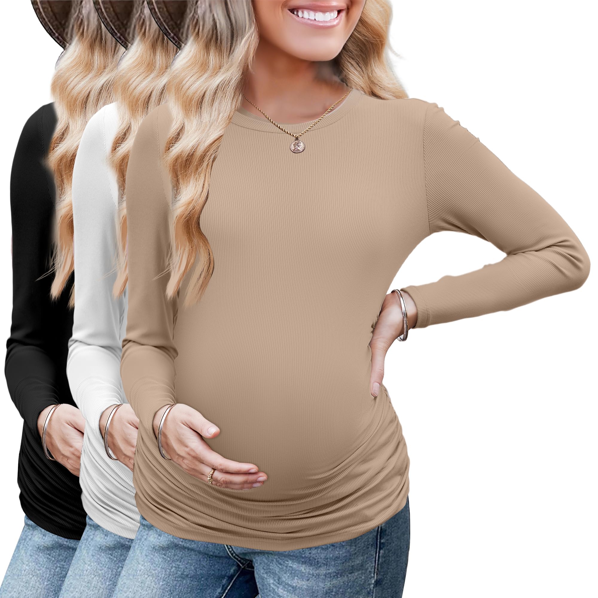 Ekouaer Maternity Long Sleeve Shirt 3Packs Round Neck Pregnancy Tops Casual Tee Top Shirts