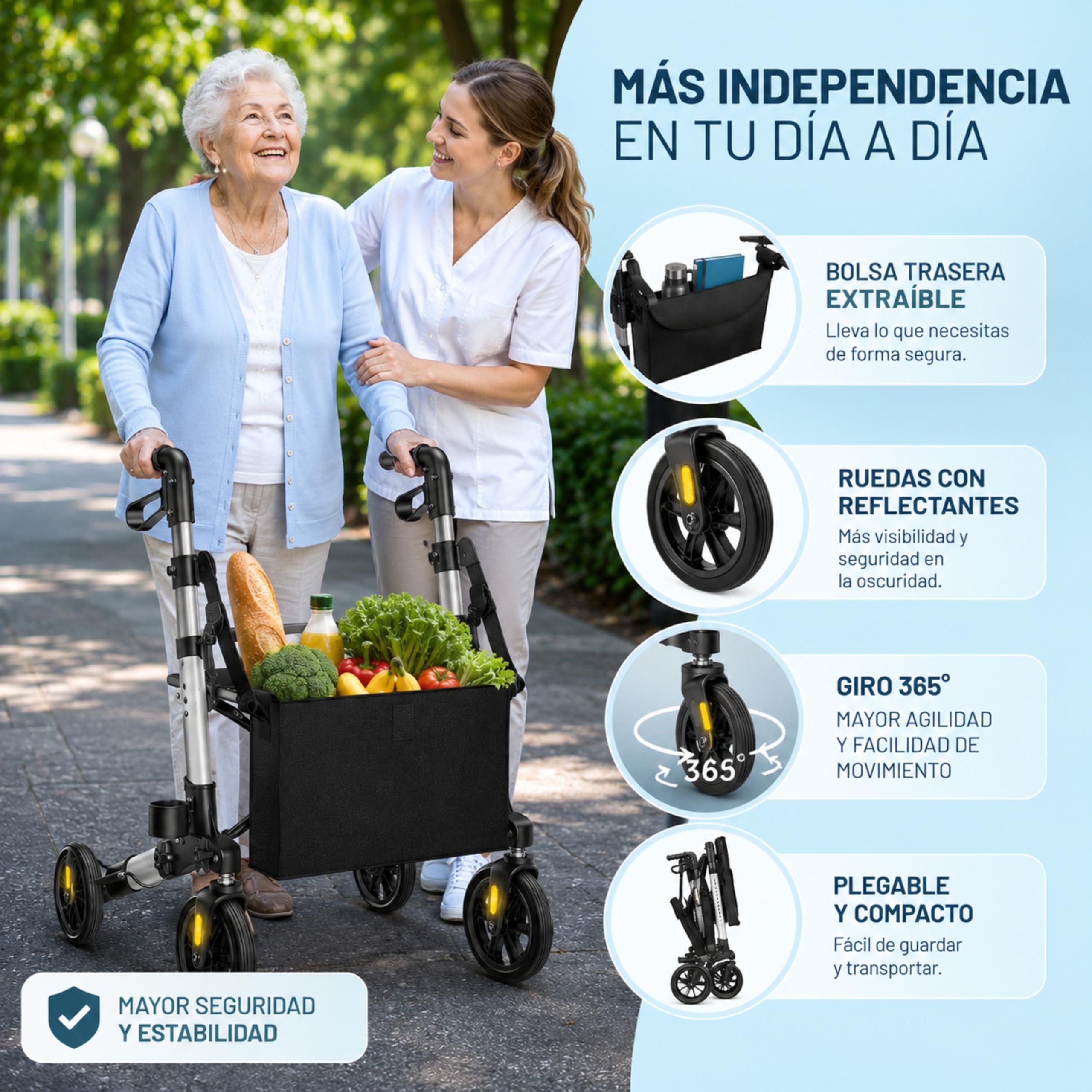 Andador MA08 plegable con asiento y respaldo, 4 Ruedas/Frenos/Saco de Compra y Porta Bastón, Altura Ajustable 83-96cm, Andador, Carro, Rollator para Ancianos MODELO MA08
