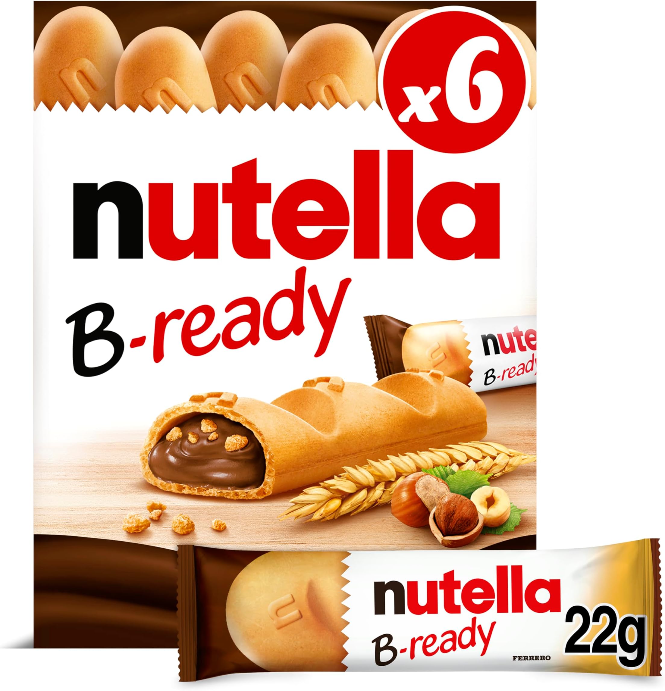 B-Ready Hazelnut Chocolate Biscuits Snack Bars, Chocolate Multipack, Wafer Filled with Hazelnut Spread and Cocoa, Pack of 6 x 22g