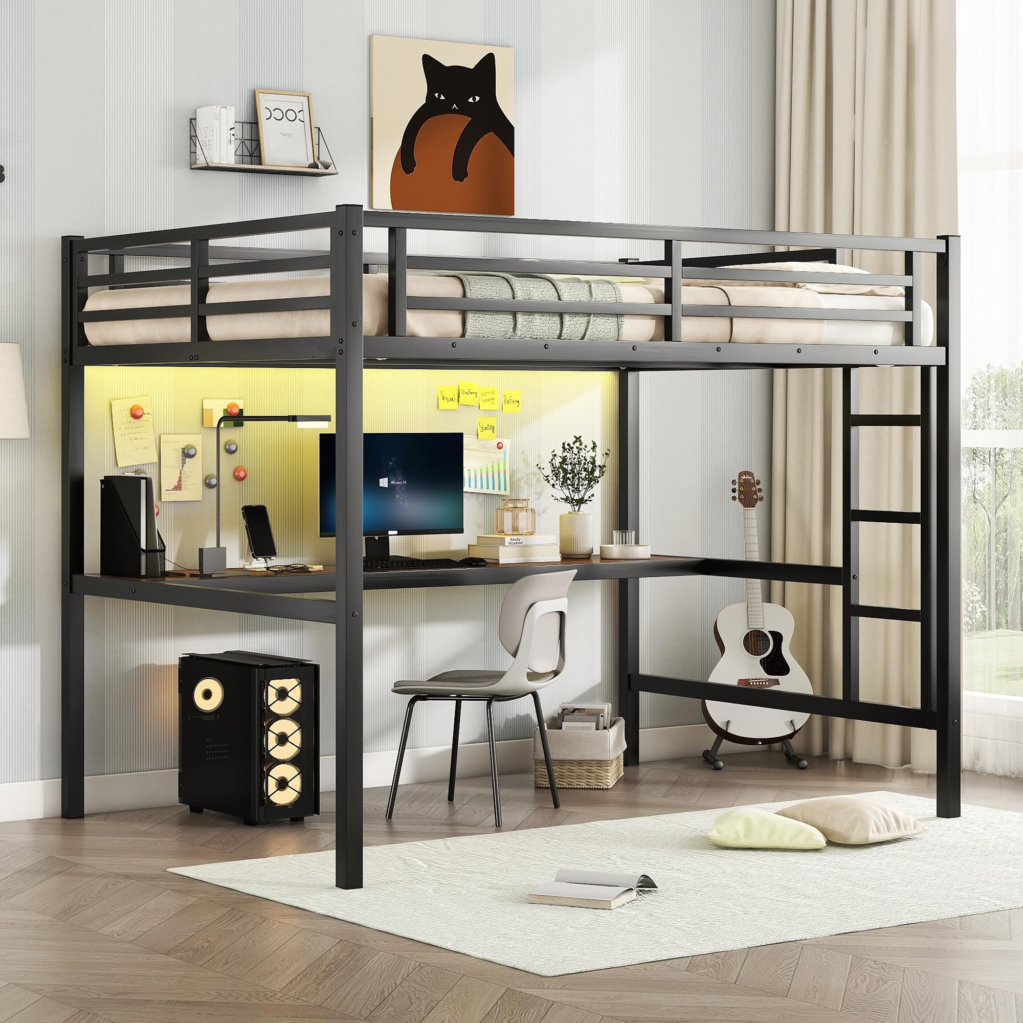 Bellemave Full Size Metal Loft Bed with Desk, Black