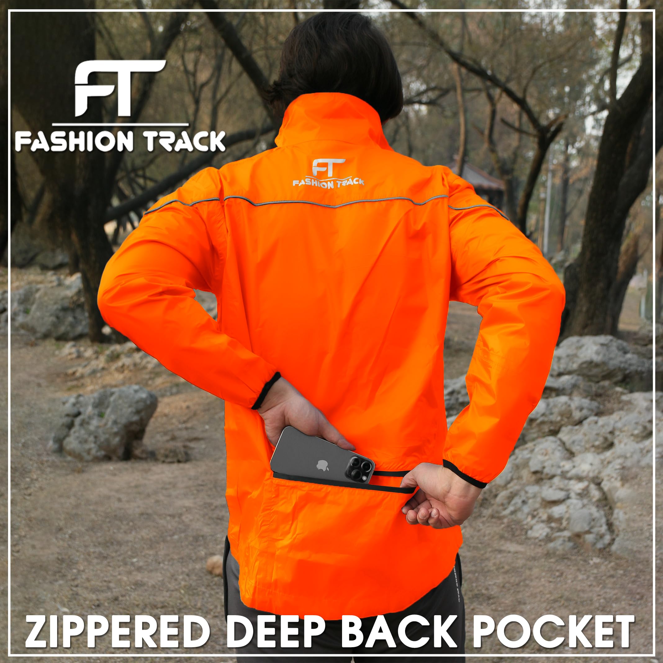 FT Fashion Track Veste de pluie imperméable pour homme, haute visibilité, légère, coupe-vent et réfléchissante avec poche arrière