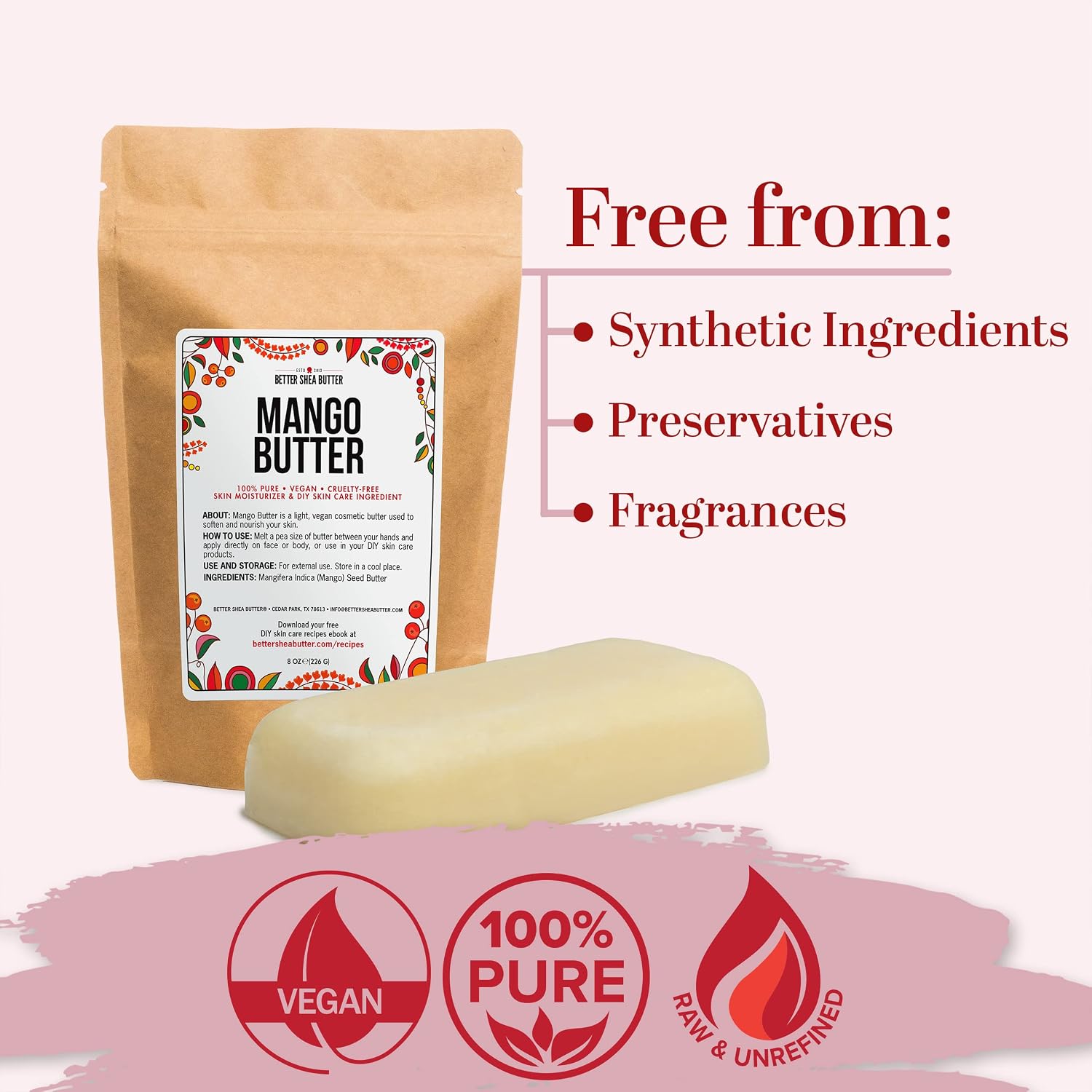 Better Shea Butter Raw Mango Butter | 100% Natural, Extracted from Mango Seed | Skin and Hair Moisturizer | Use with Shea in DIY Whipped Body Butter, Lotion, Lip Gloss and Soap Making | 8 oz block