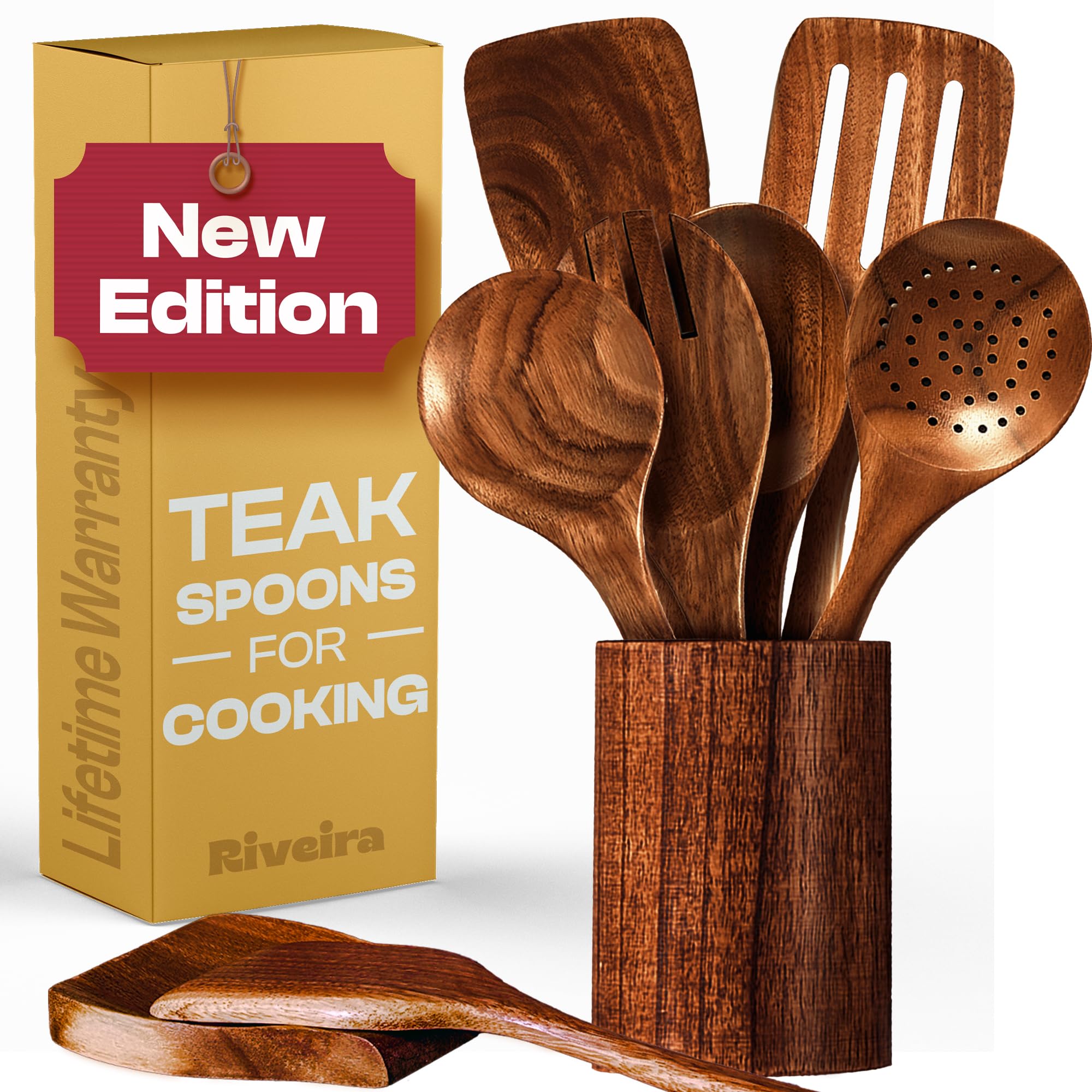 Riveira's 9-Piece Dark Brown Kitchen Essentials Wooden Cooking Utensils Set - Complete Kitchen Utensils Set for Gourmet Results
