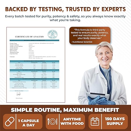 Miniatura 8 de Fórmula orgánica 10 en 1 de hongos, con melena de león, Cordyceps Reishi, Shiitake, Maitake, Chaga, sin OMG, sin gluten, sin soja (150 unidades