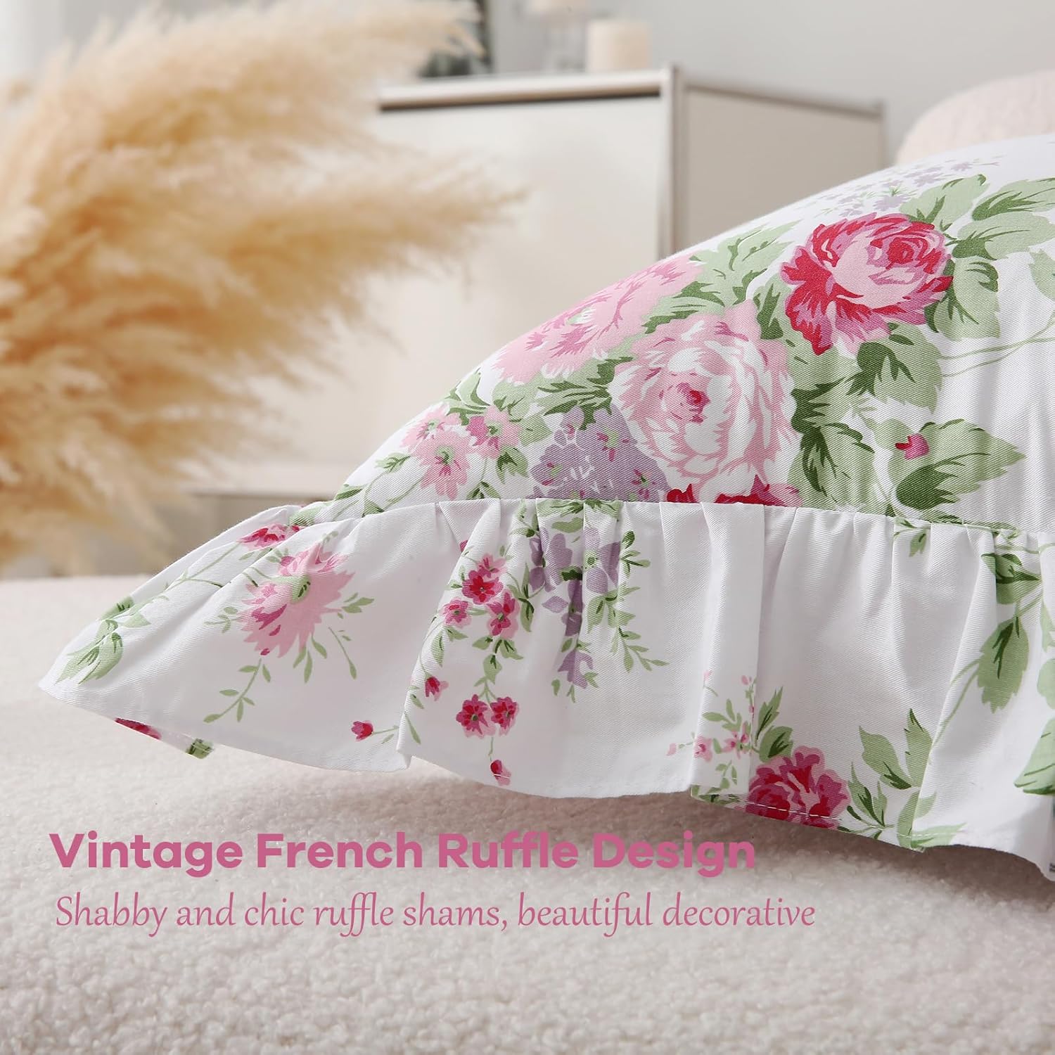 2 Pack Floral Ruffle Throw Pillow Covers 18x18 inches, 100% Cotton French Country Rustic Vintage Decorative Bed Pillow Shams (Shabby Rose, 18x18 inches)
