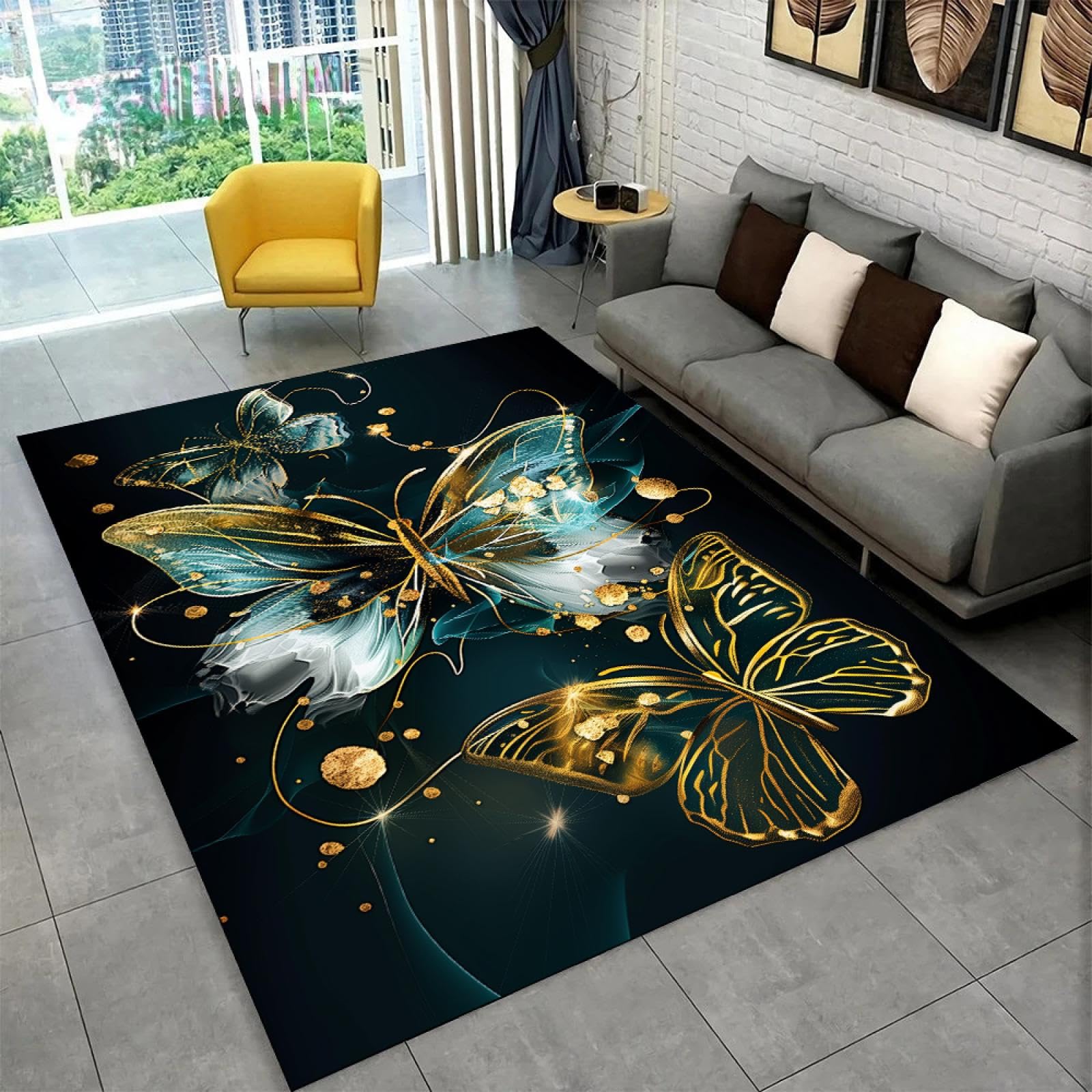 Tapis papillon doré fantaisie avec motif artistique brillant maison