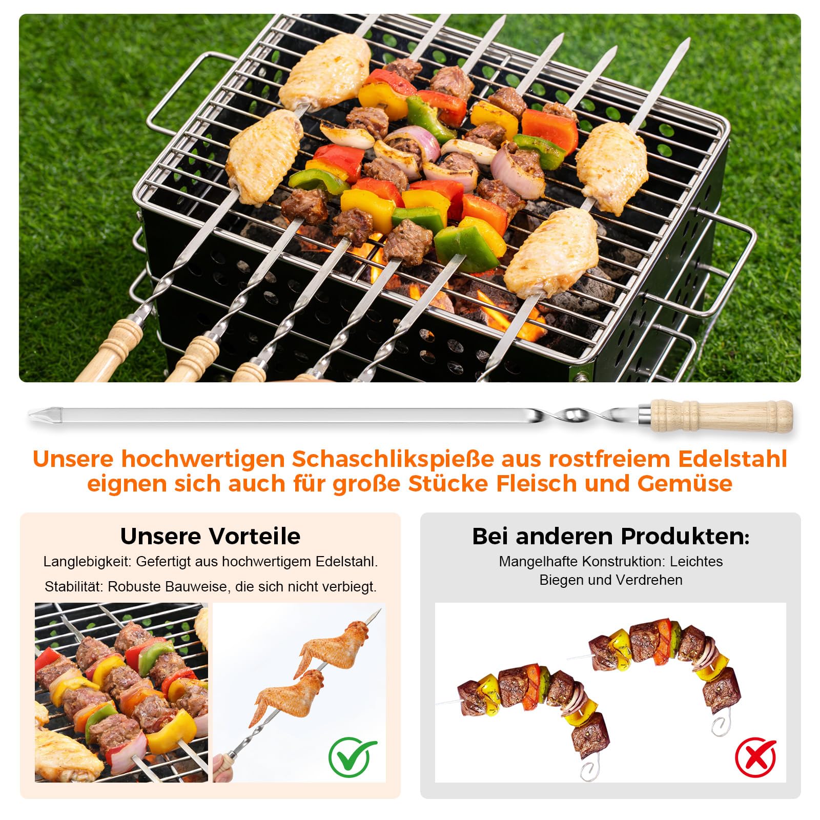 Spiedini per barbecue in acciaio inox, riutilizzabili, 10 spiedini per shish kebab in acciaio inox, piatti lunghi con manico in legno, per carne, verdure, kebab (55 cm di lunghezza)