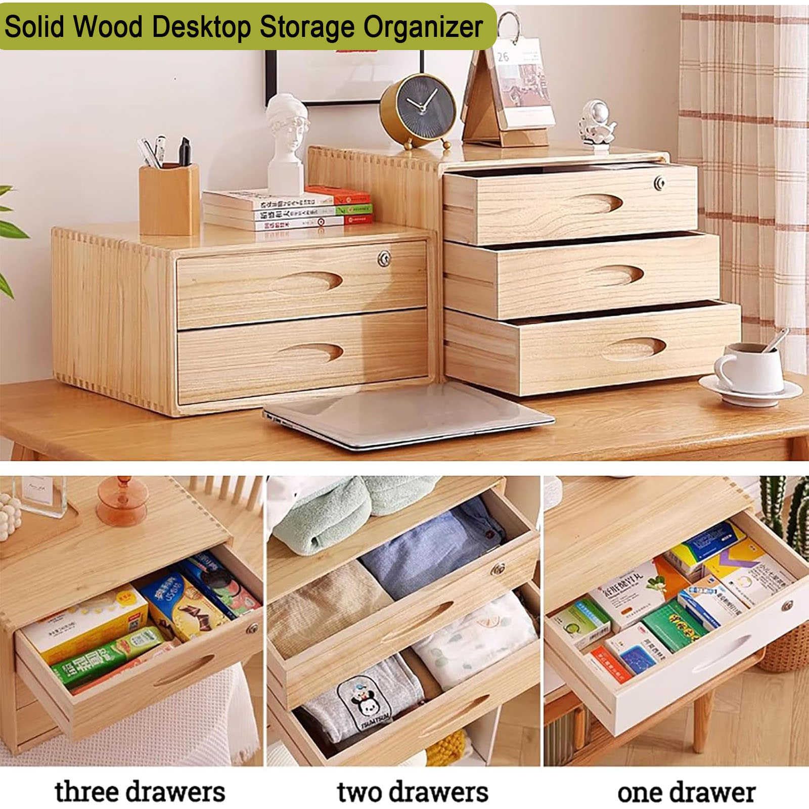 Organizer da scrivania in legno con cassetti con serratura, per riporre documenti e accessori, elegante organizer da scrivania per casa e ufficio