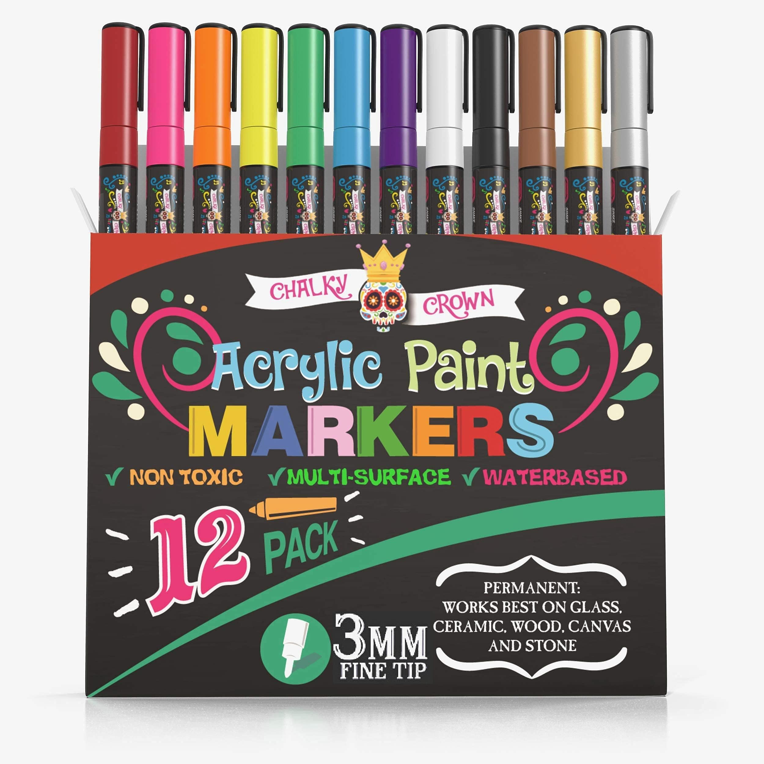 Chalky Crown Acrylic Paint Markers 3mm Fine Tip Paint Pens (12 Pack)