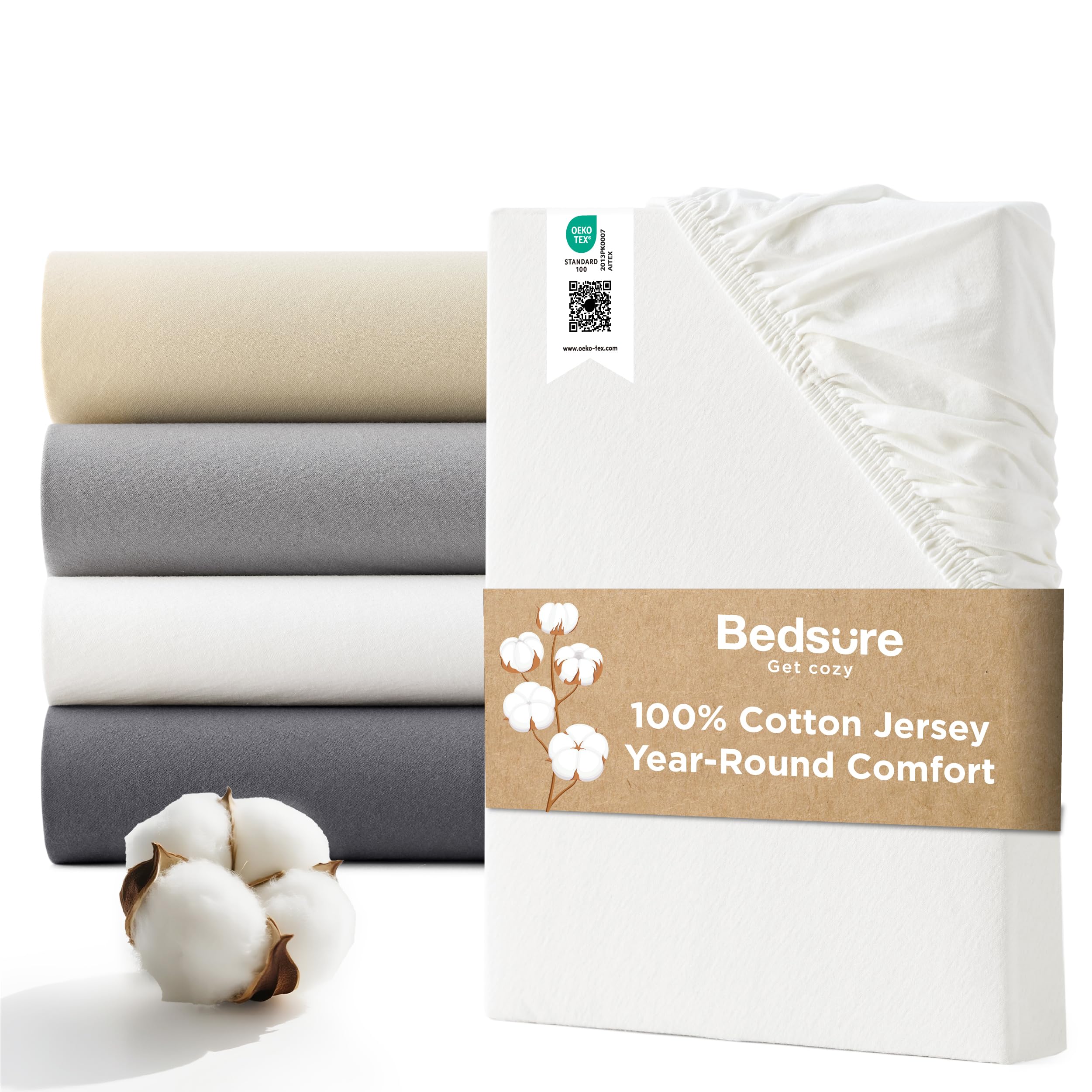 Bedsure Super King Fitted Sheet – Jersey Cotton Knit, 40 cm Extra Deep Pocket Bed Sheet, 100% Cotton, Breathable, Elasticated Corners, White, 180x200 cm