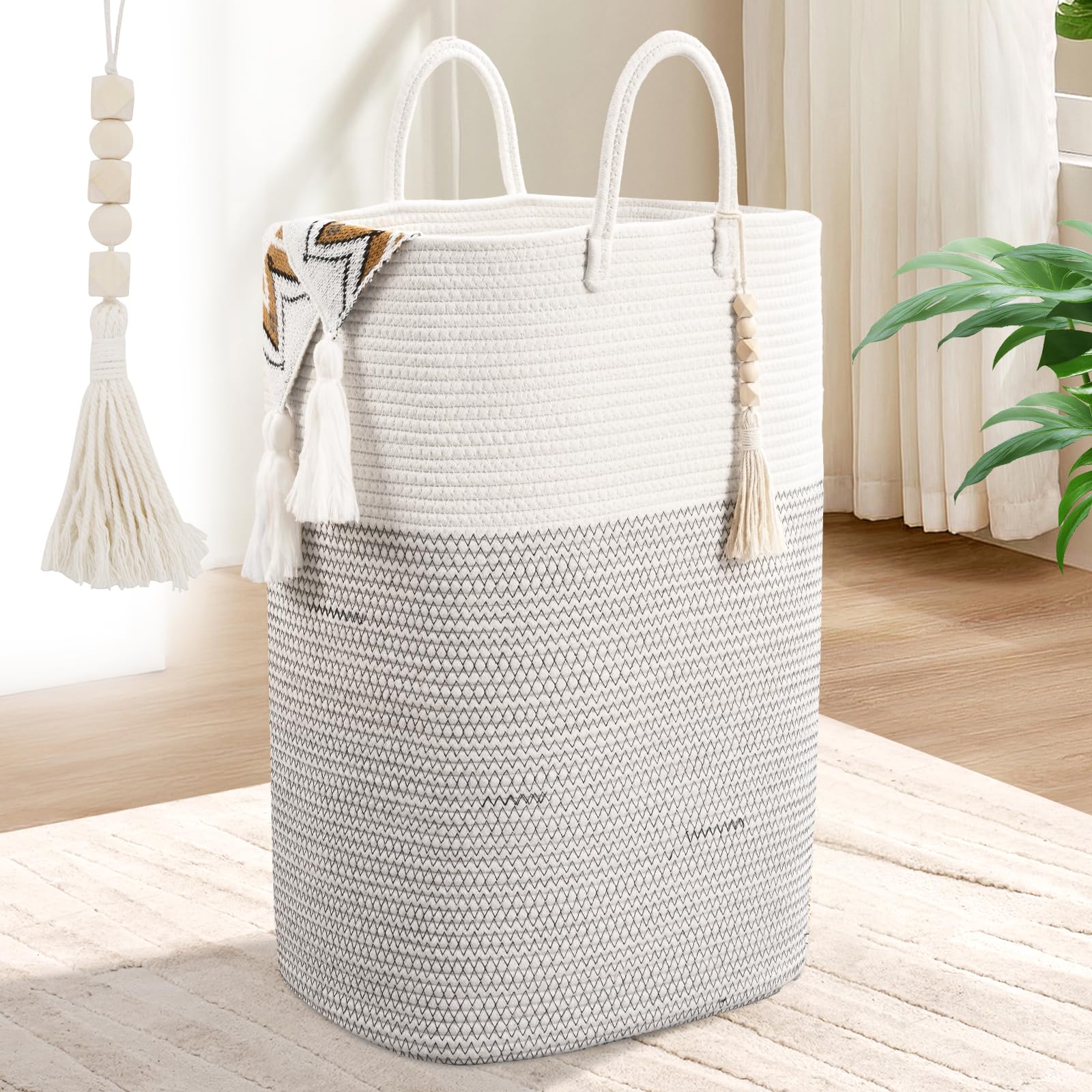 Woven Laundry Basket for Clothes, 50 L Large Rectangle Laundry Hampers with Beads Tassel, Nursery Storage Basket for Toys, Tall Dirty Clothes Hamper