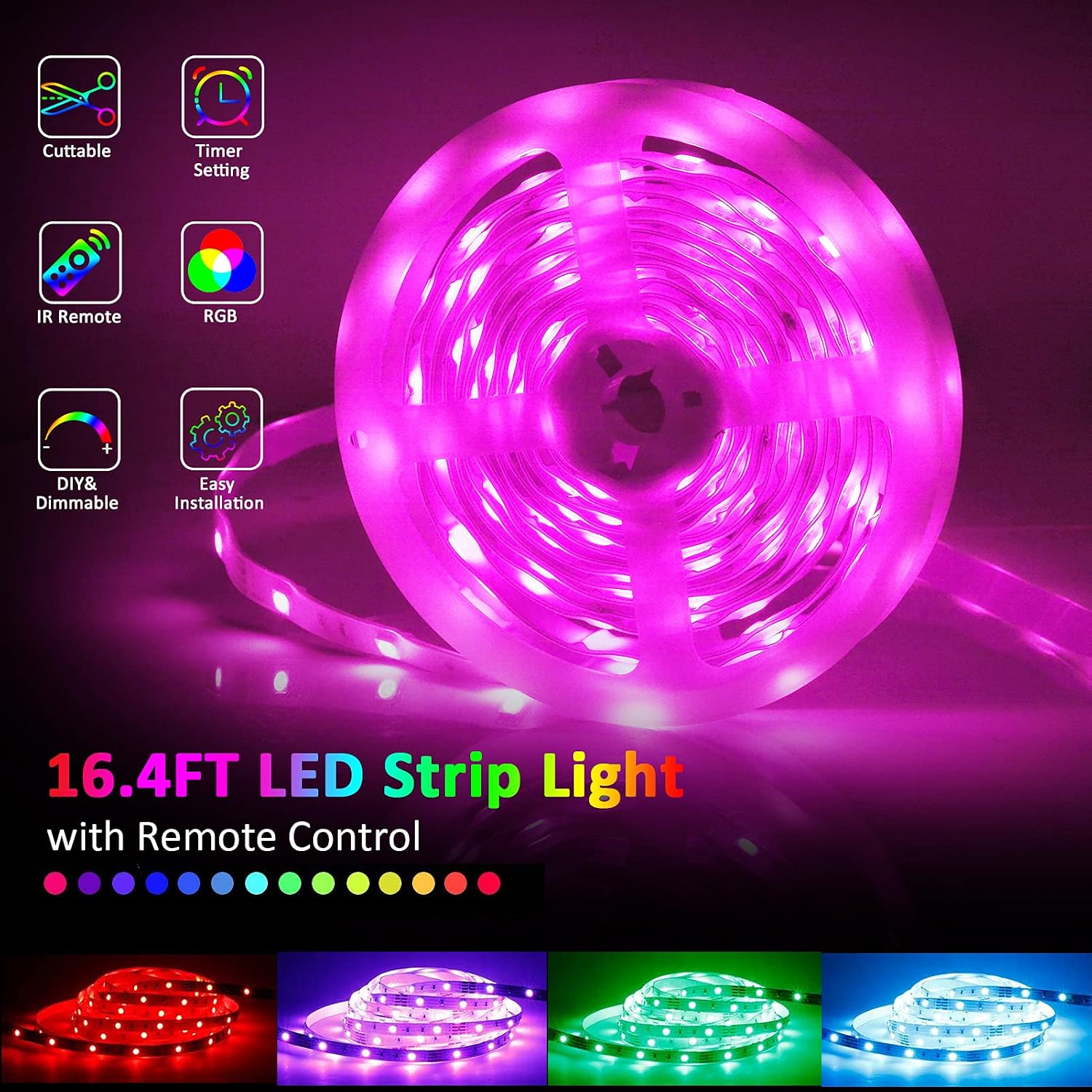 JESLED 16.4 ft LED Light Strips Bluetooth, Smart RGB LED Lights for Bedroom, Music Sync Color Changing 5050 LED Strip Lights with Remote and APP Control, Room, Party, Kitchen, Home Ceiling Decor