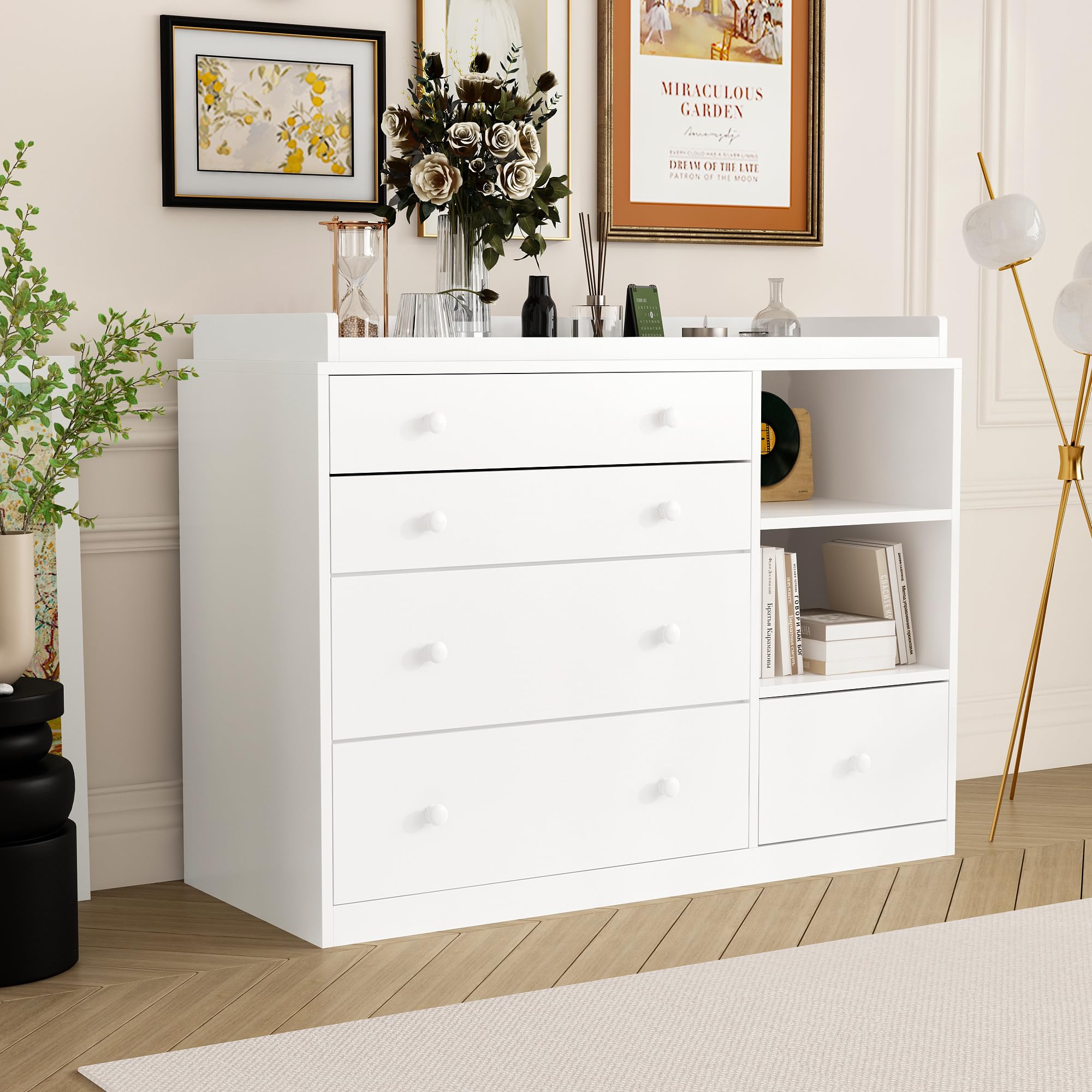 Table à Langer Table à Langer pour Enfant avec 5 tiroirs, Commode pour Enfants avec 2 Compartiments à Jour, Meubles pour Enfants Table à Langer pour Chambre à Coucher, 120 x 50 x 91,5 cm